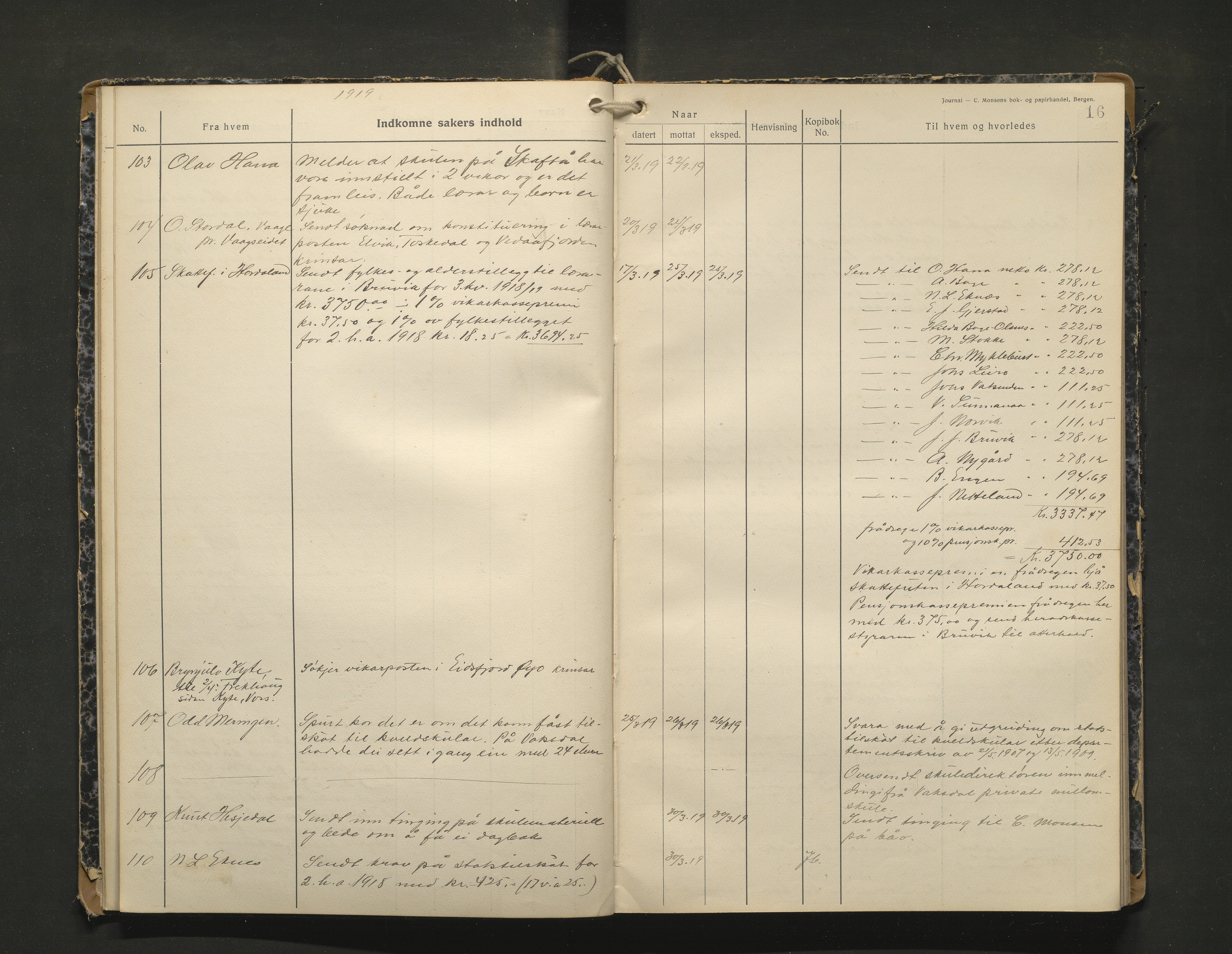 Bruvik kommune. Skulestyre, IKAH/1251a-211/C/Ca/L0003: Postjournal for Bruvik skulestyre, 1918-1920