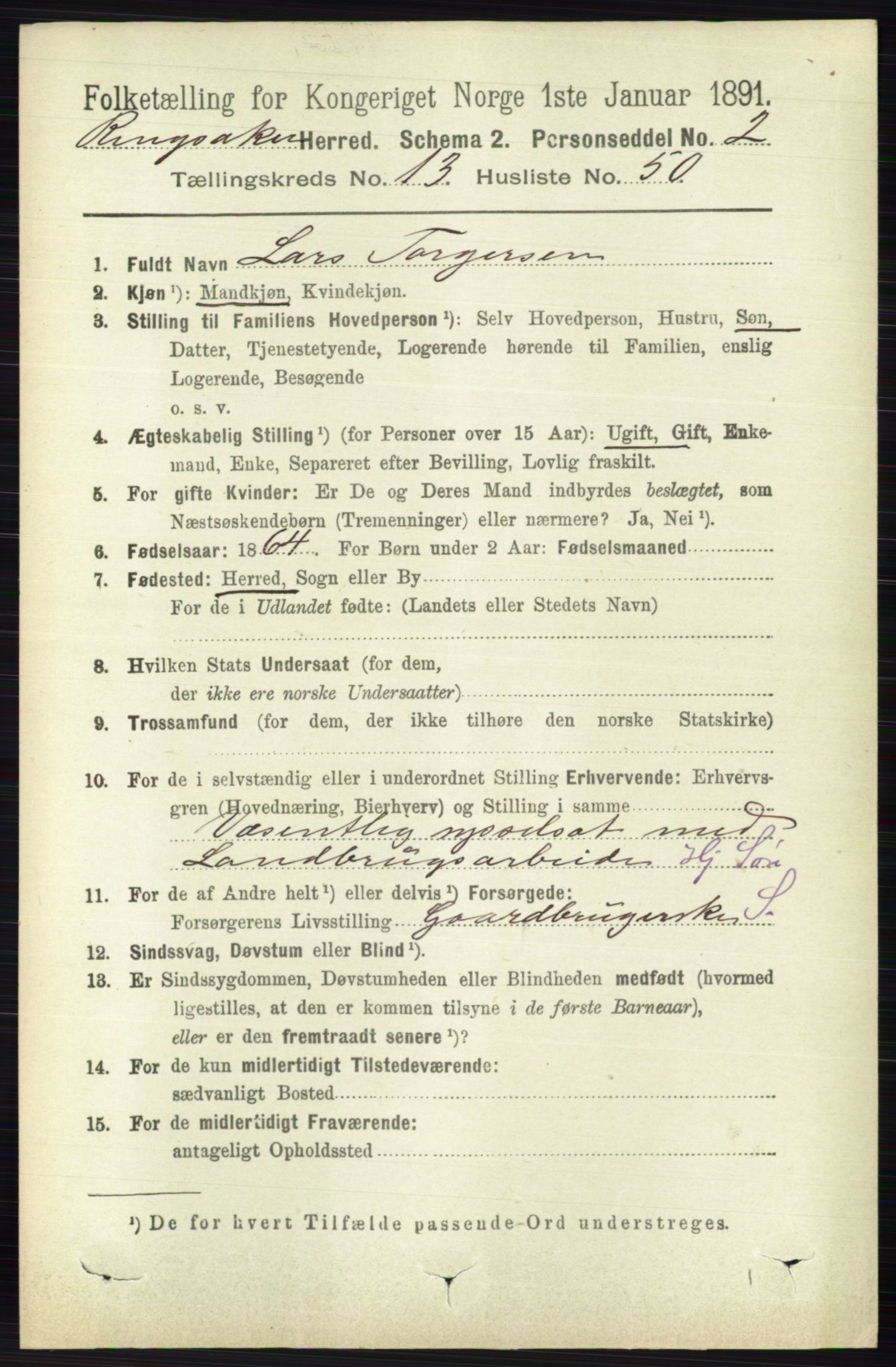 RA, 1891 census for 0412 Ringsaker, 1891, p. 7480