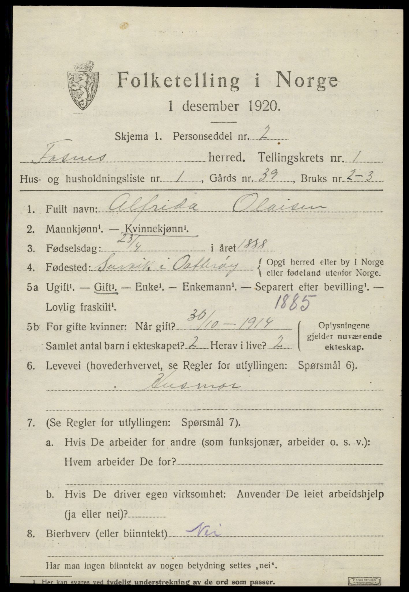 SAT, 1920 census for Fosnes, 1920, p. 417