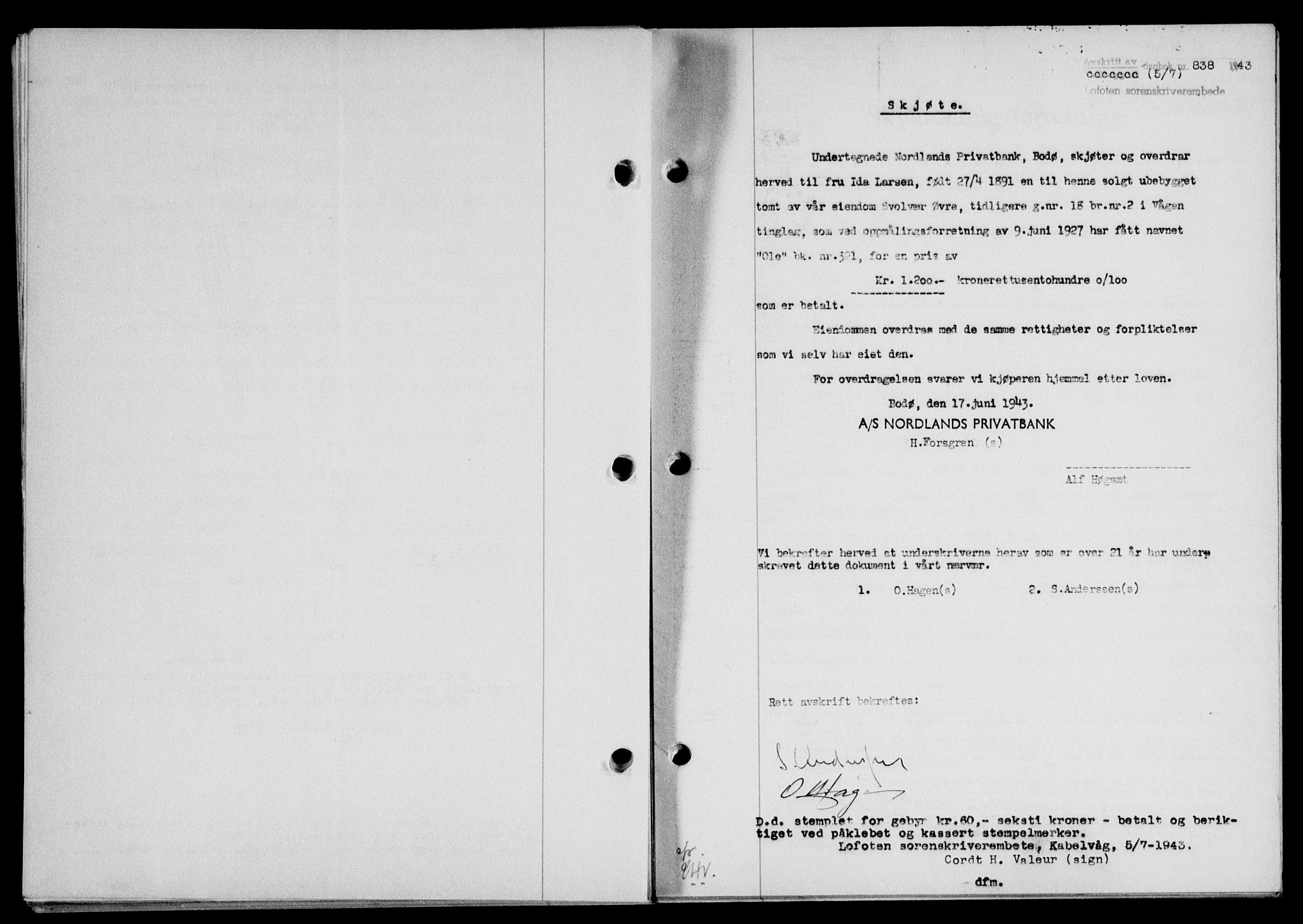 Lofoten sorenskriveri, SAT/A-0017/1/2/2C/L0011a: Mortgage book no. 11a, 1943-1943, Diary no: : 838/1943