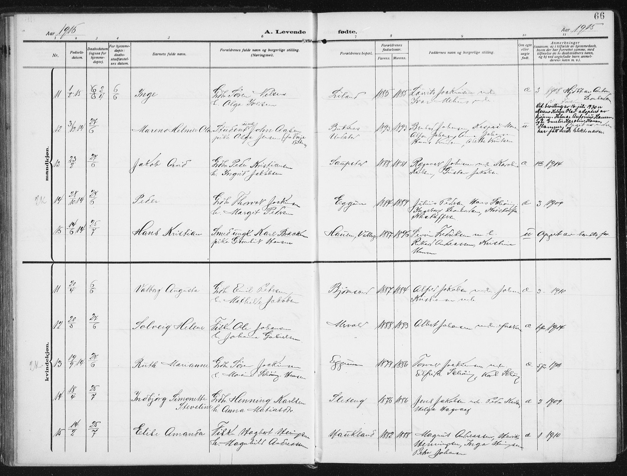 Ministerialprotokoller, klokkerbøker og fødselsregistre - Nordland, AV/SAT-A-1459/880/L1135: Parish register (official) no. 880A09, 1908-1919, p. 66