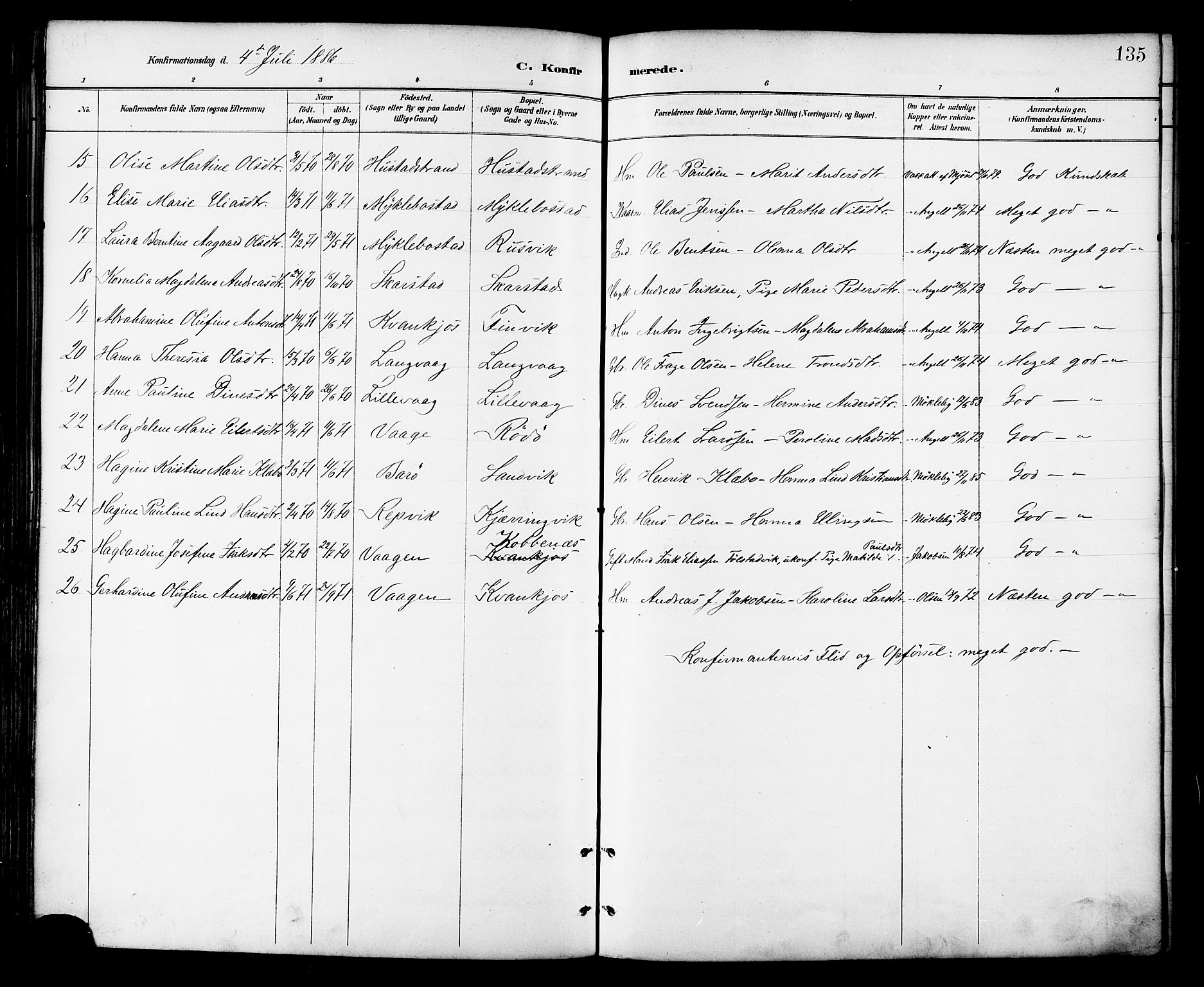 Ministerialprotokoller, klokkerbøker og fødselsregistre - Nordland, AV/SAT-A-1459/872/L1035: Parish register (official) no. 872A10, 1884-1896, p. 135