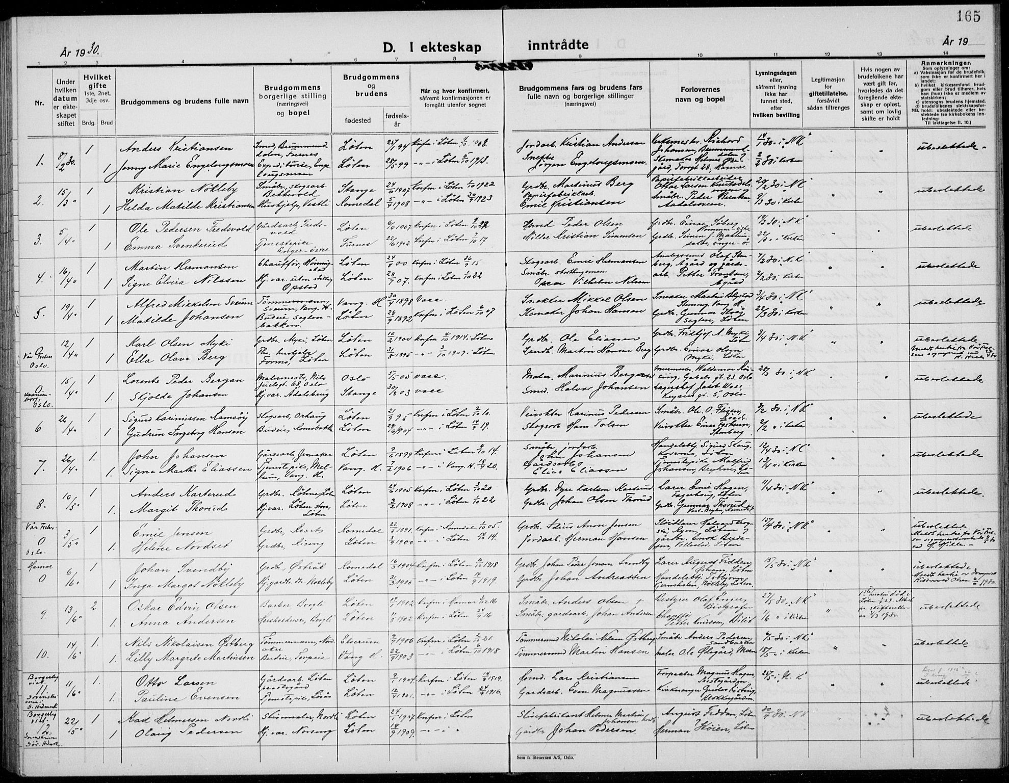 Løten prestekontor, SAH/PREST-022/L/La/L0009: Parish register (copy) no. 9, 1930-1939, p. 165