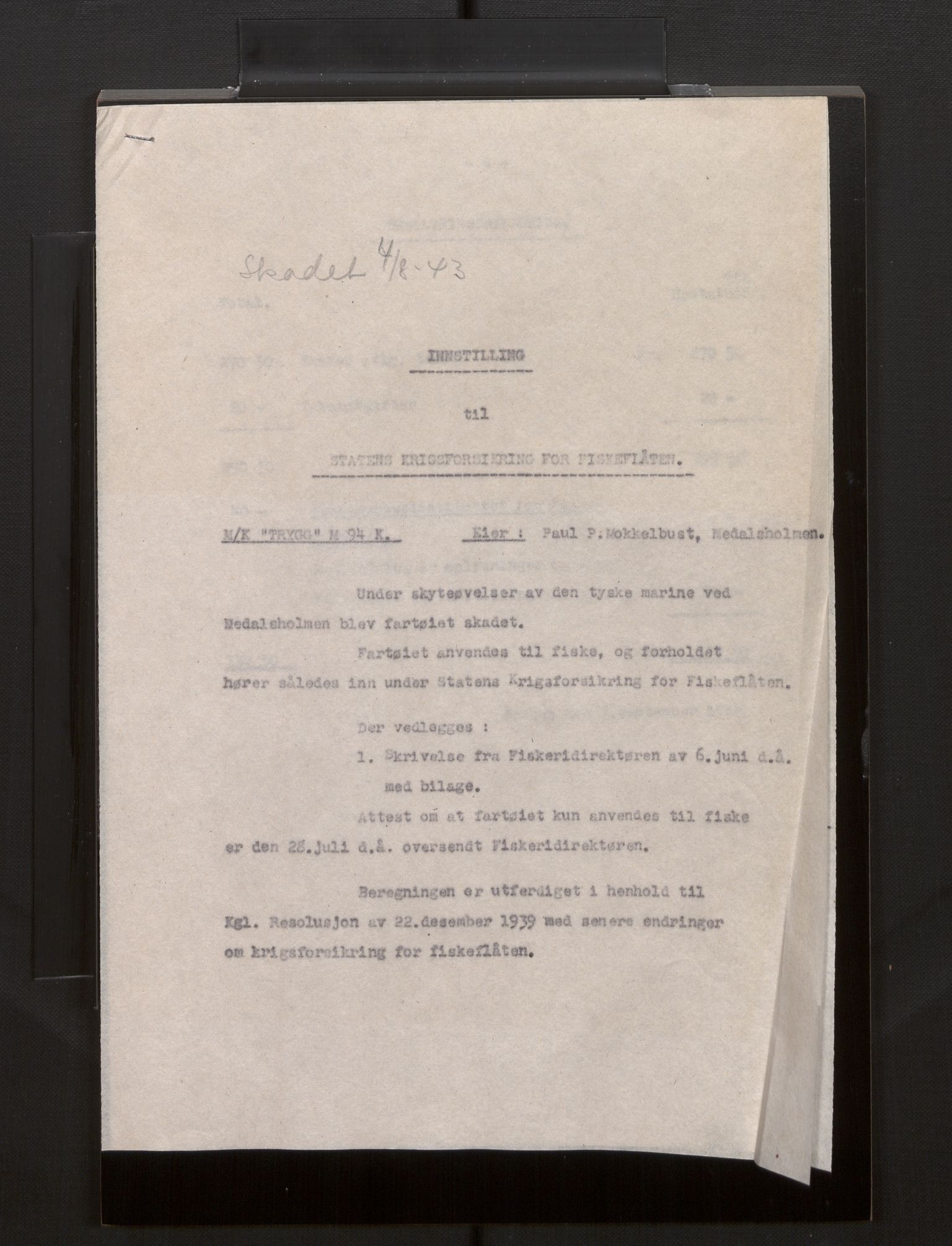 Fiskeridirektoratet - 1 Adm. ledelse - 13 Båtkontoret, AV/SAB-A-2003/La/L0008: Statens krigsforsikring for fiskeflåten, 1936-1971, p. 275