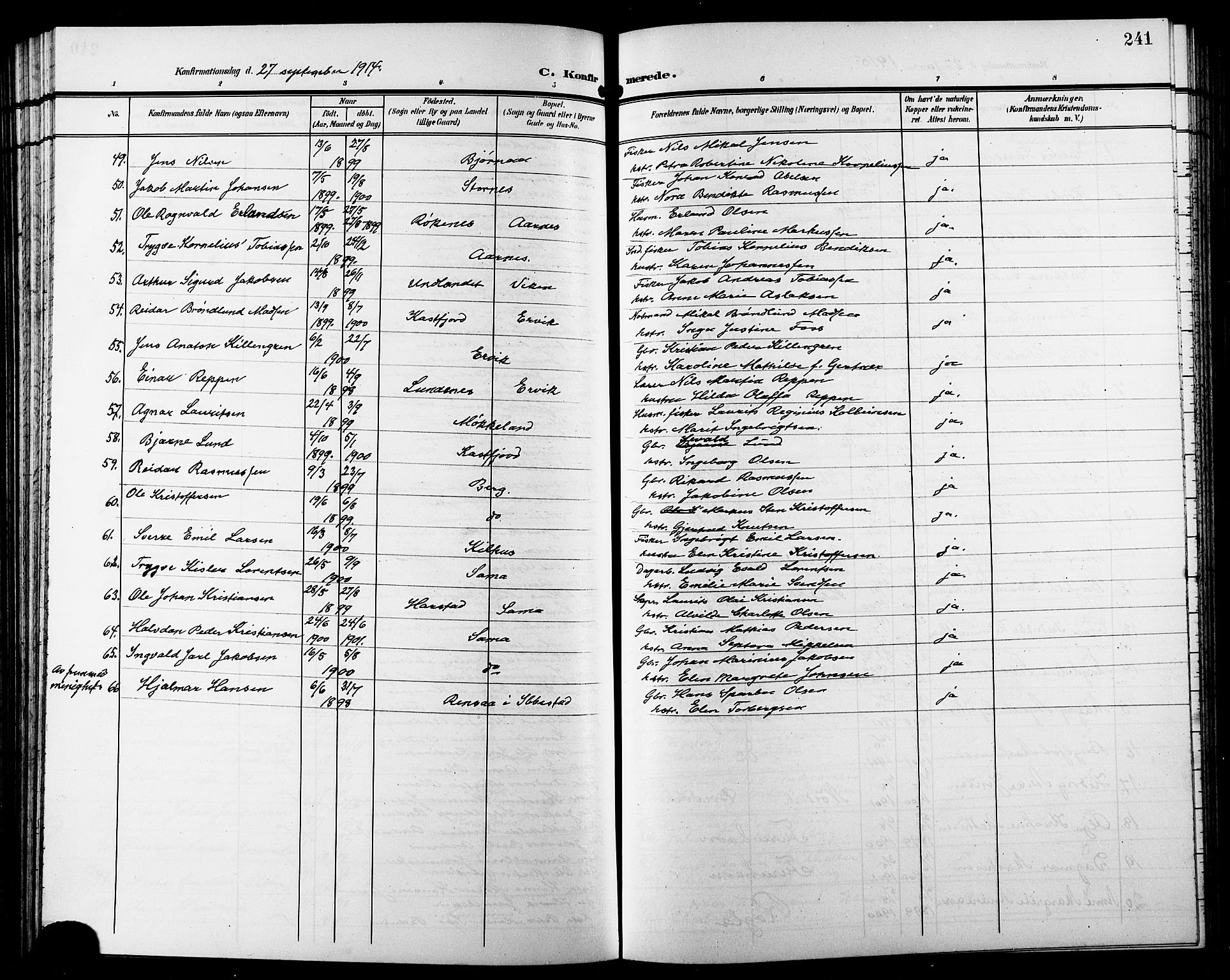 Trondenes sokneprestkontor, SATØ/S-1319/H/Hb/L0012klokker: Parish register (copy) no. 12, 1907-1916, p. 241