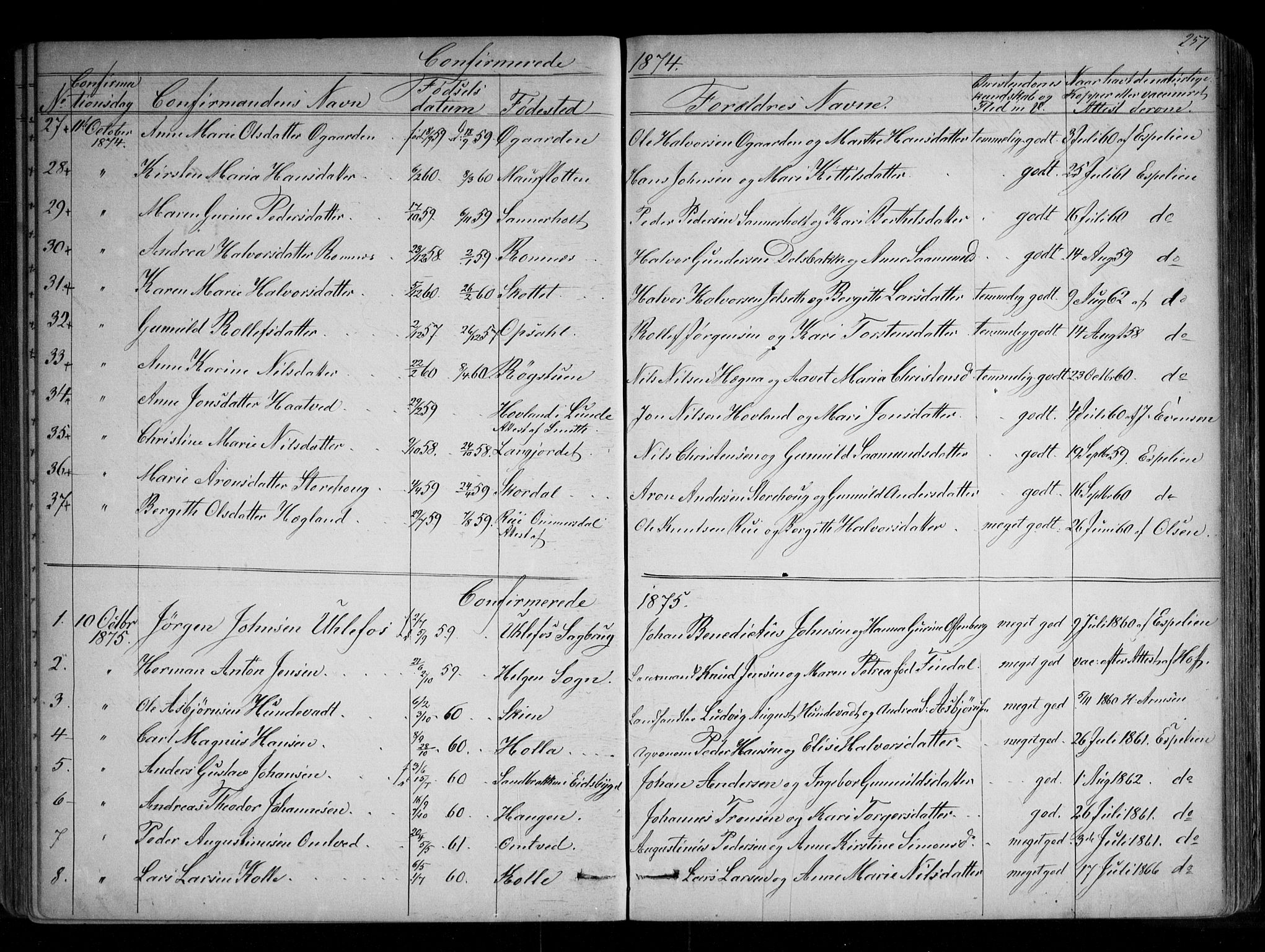 Holla kirkebøker, SAKO/A-272/G/Ga/L0004: Parish register (copy) no. I 4, 1867-1890, p. 257