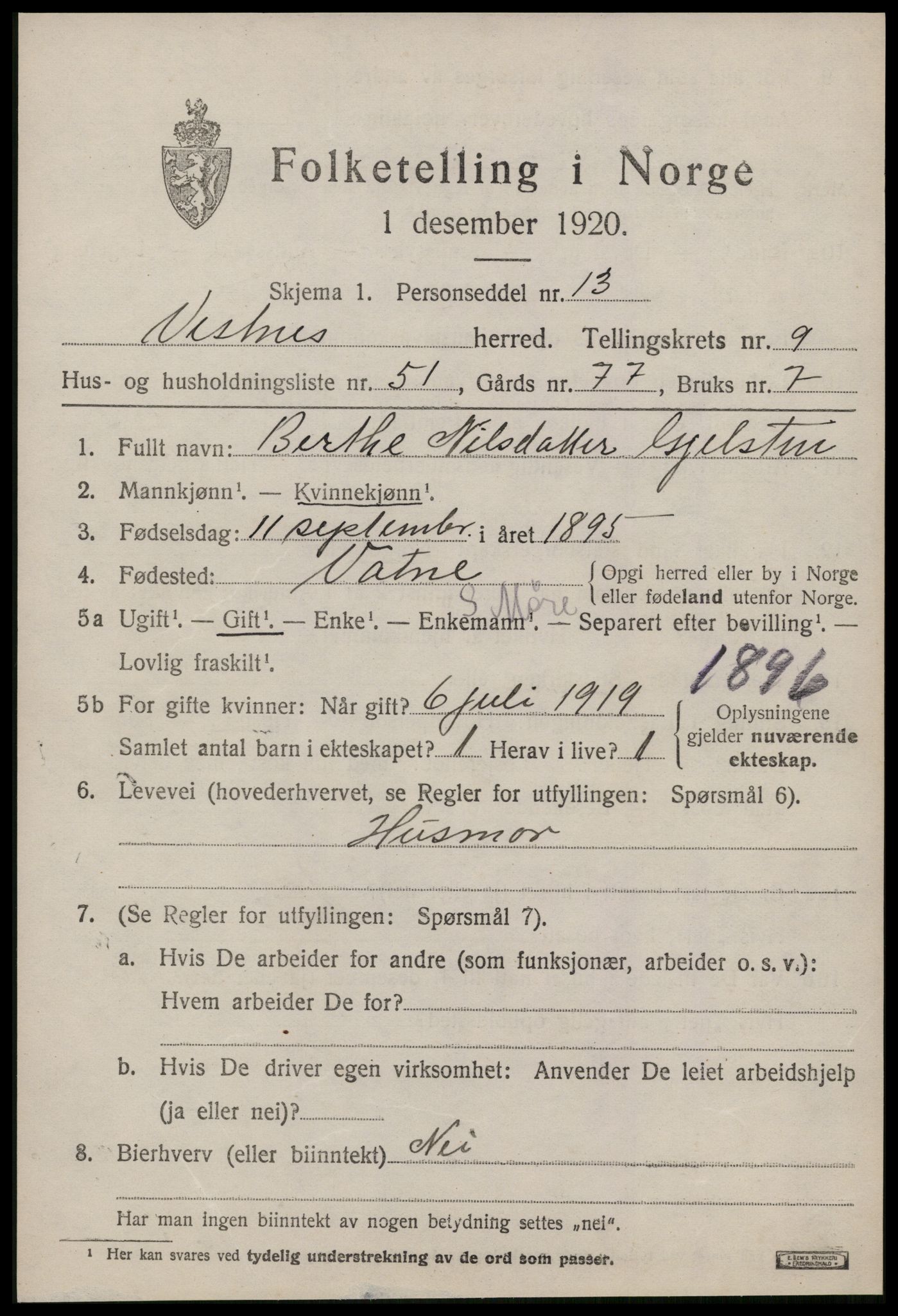 SAT, 1920 census for Vestnes, 1920, p. 6481