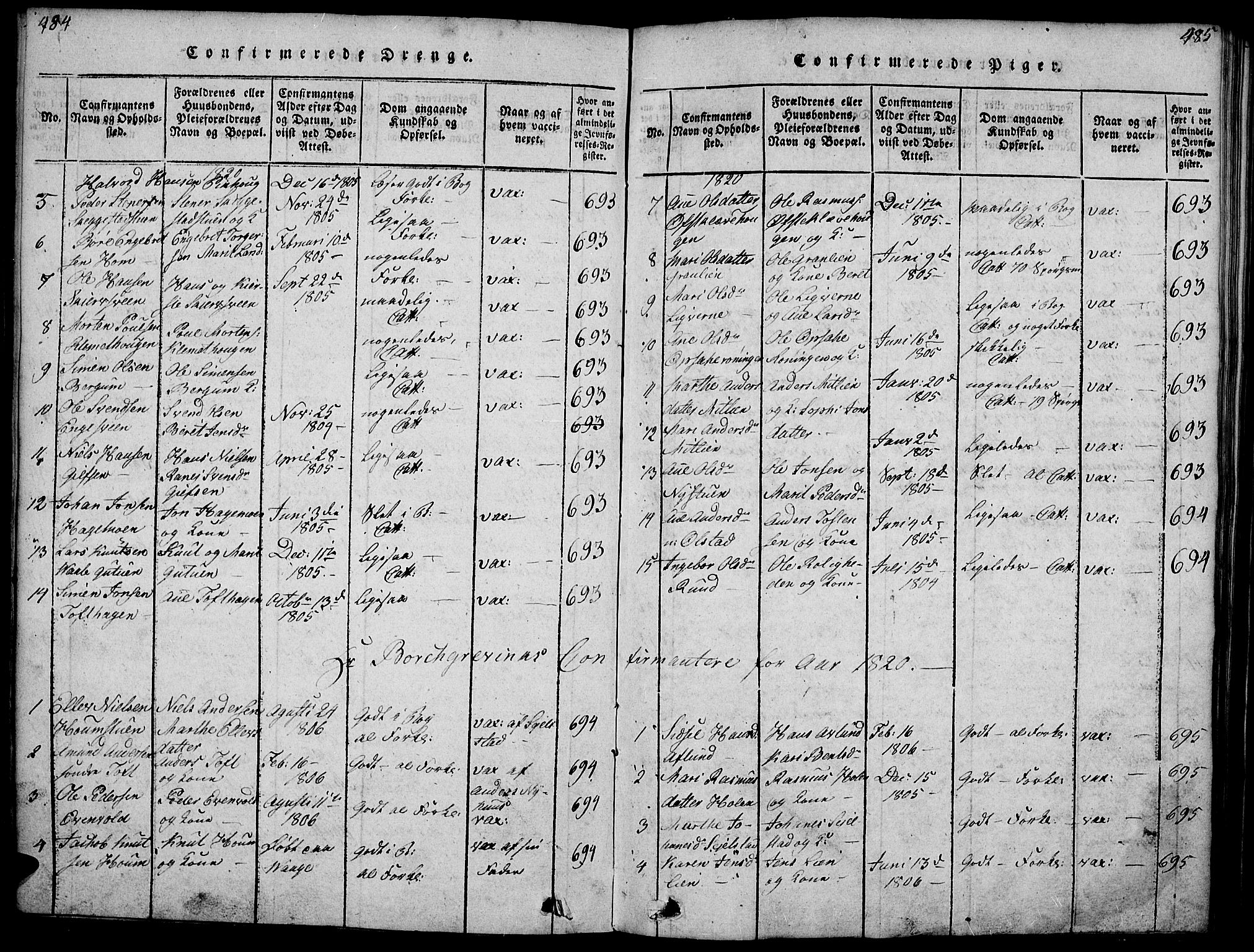 Gausdal prestekontor, SAH/PREST-090/H/Ha/Haa/L0005: Parish register (official) no. 5, 1817-1829, p. 484-485