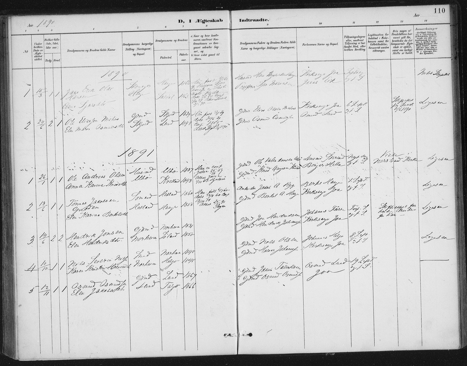 Nedstrand sokneprestkontor, SAST/A-101841/01/IV: Parish register (official) no. A 13, 1887-1915, p. 110