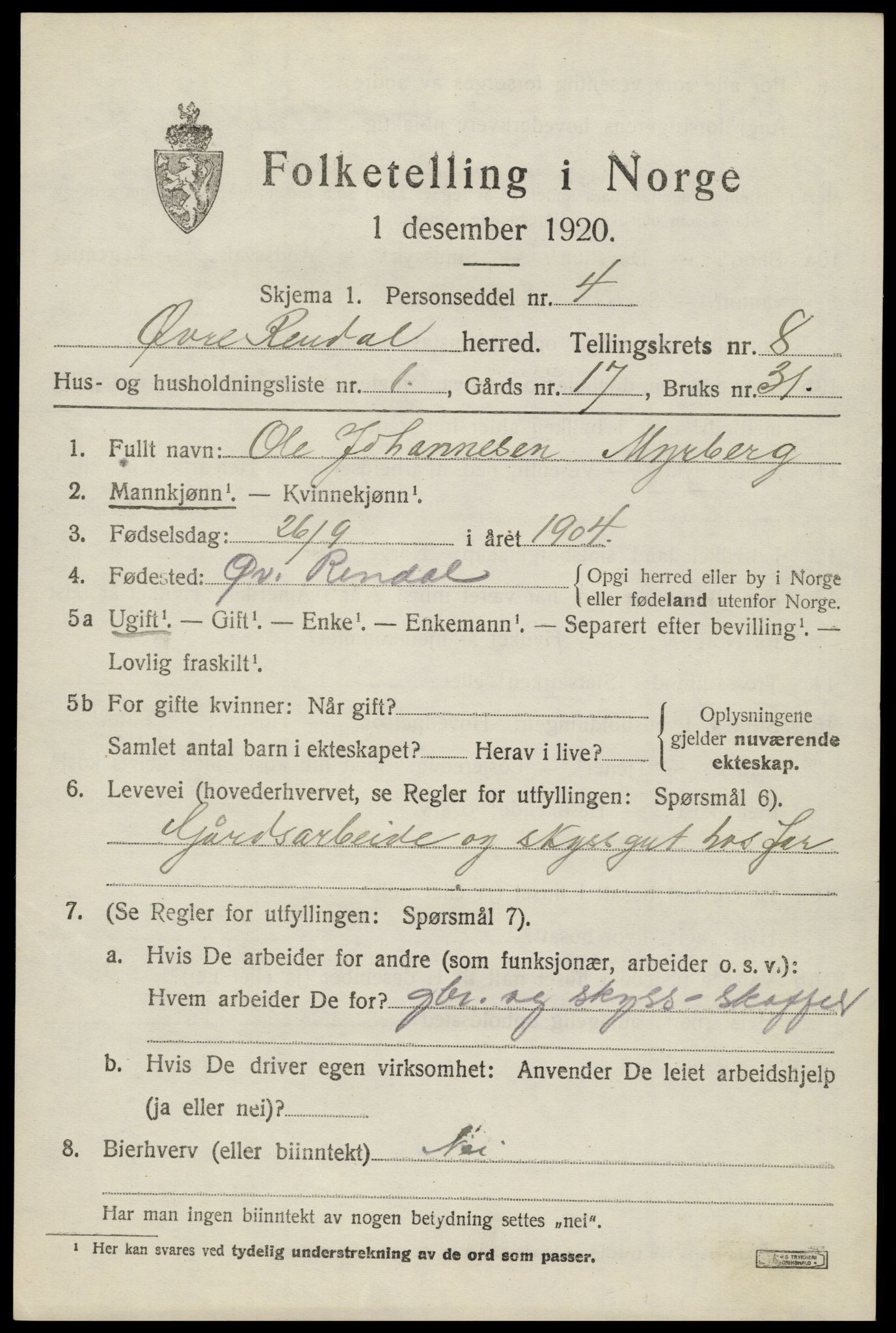 SAH, 1920 census for Øvre Rendal, 1920, p. 2837