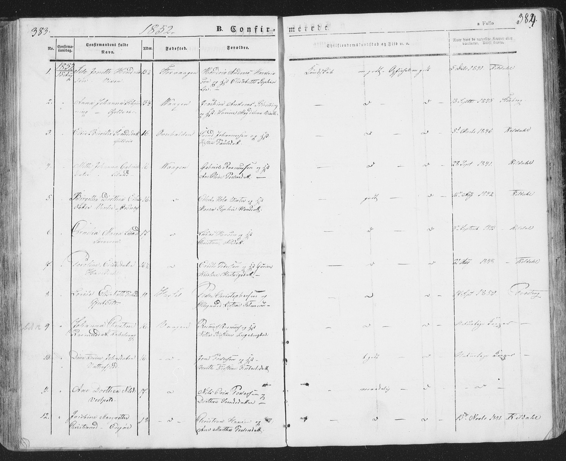 Ministerialprotokoller, klokkerbøker og fødselsregistre - Nordland, SAT/A-1459/874/L1072: Parish register (copy) no. 874C01, 1843-1859, p. 383-384