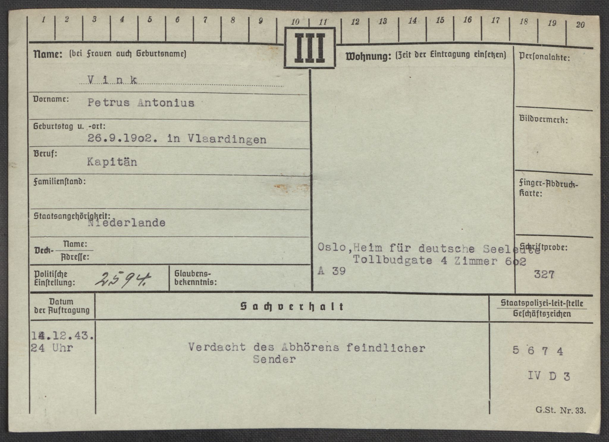 Befehlshaber der Sicherheitspolizei und des SD, RA/RAFA-5969/E/Ea/Eaa/L0010: Register over norske fanger i Møllergata 19: Sø-Å, 1940-1945, p. 784