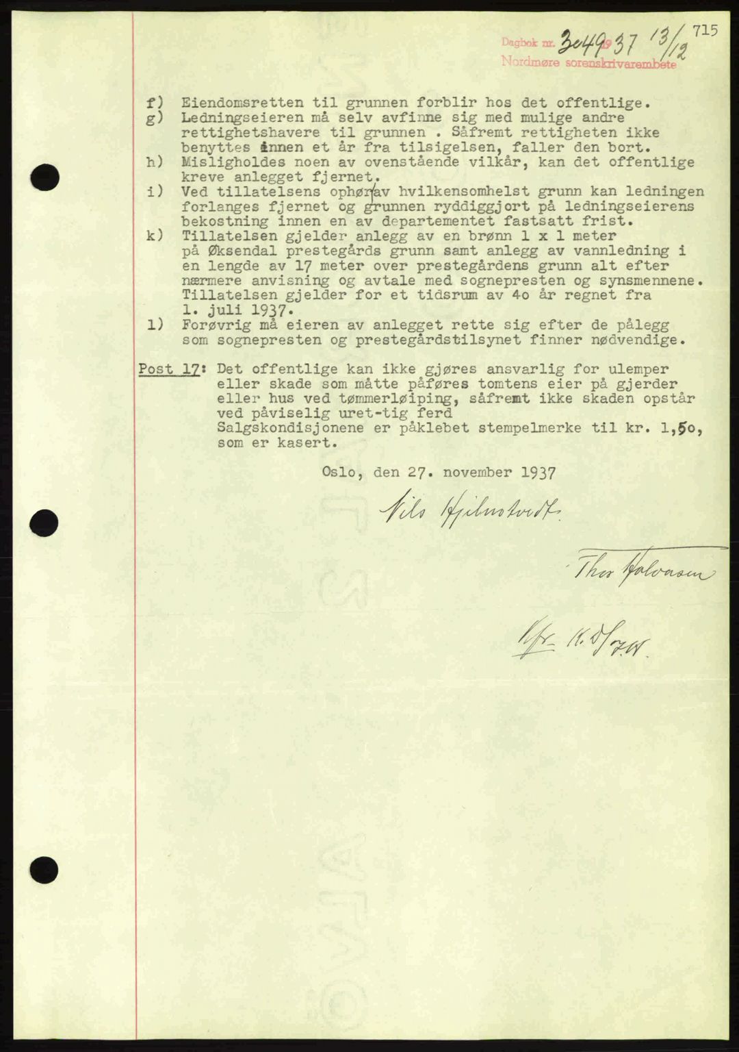 Nordmøre sorenskriveri, SAT/A-4132/1/2/2Ca: Mortgage book no. A82, 1937-1938, Diary no: : 3049/1937