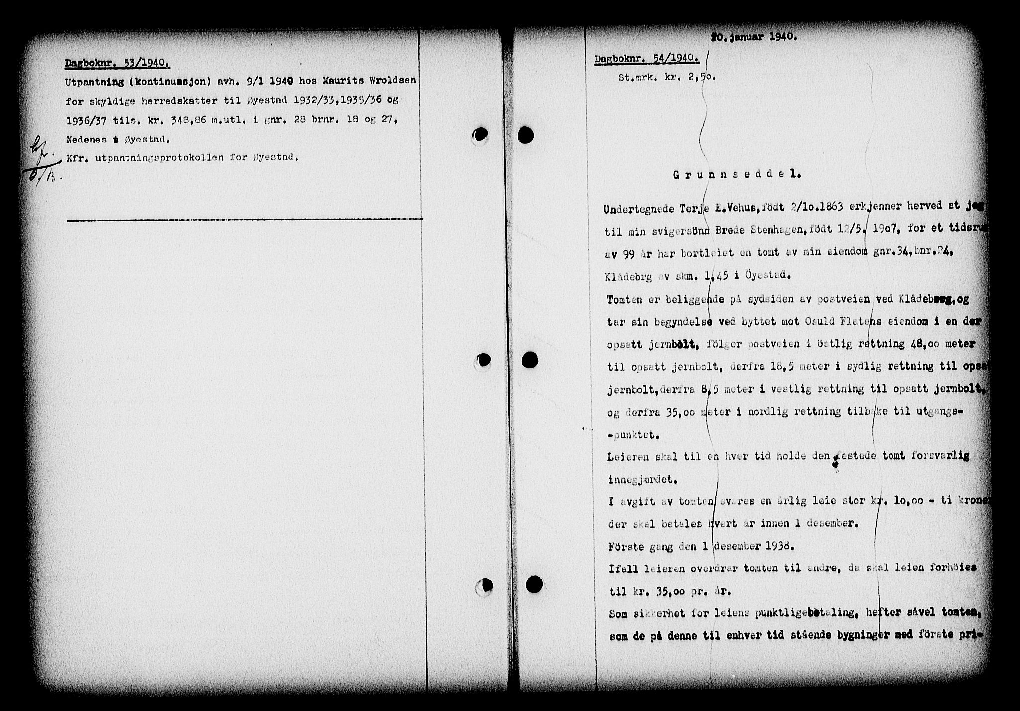 Nedenes sorenskriveri, SAK/1221-0006/G/Gb/Gba/L0047: Mortgage book no. A-I, 1939-1940, Diary no: : 54/1940
