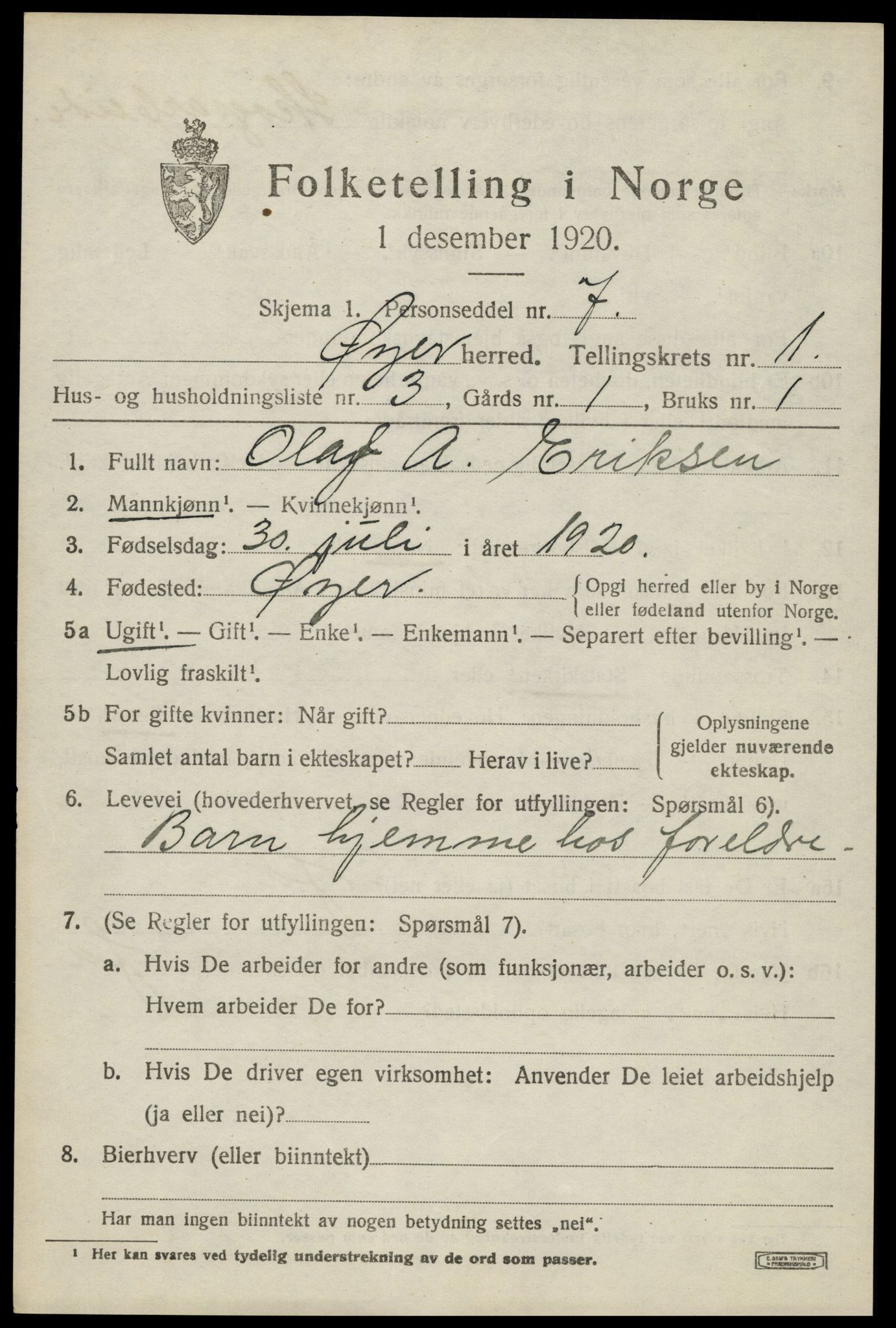 SAH, 1920 census for Øyer, 1920, p. 1239