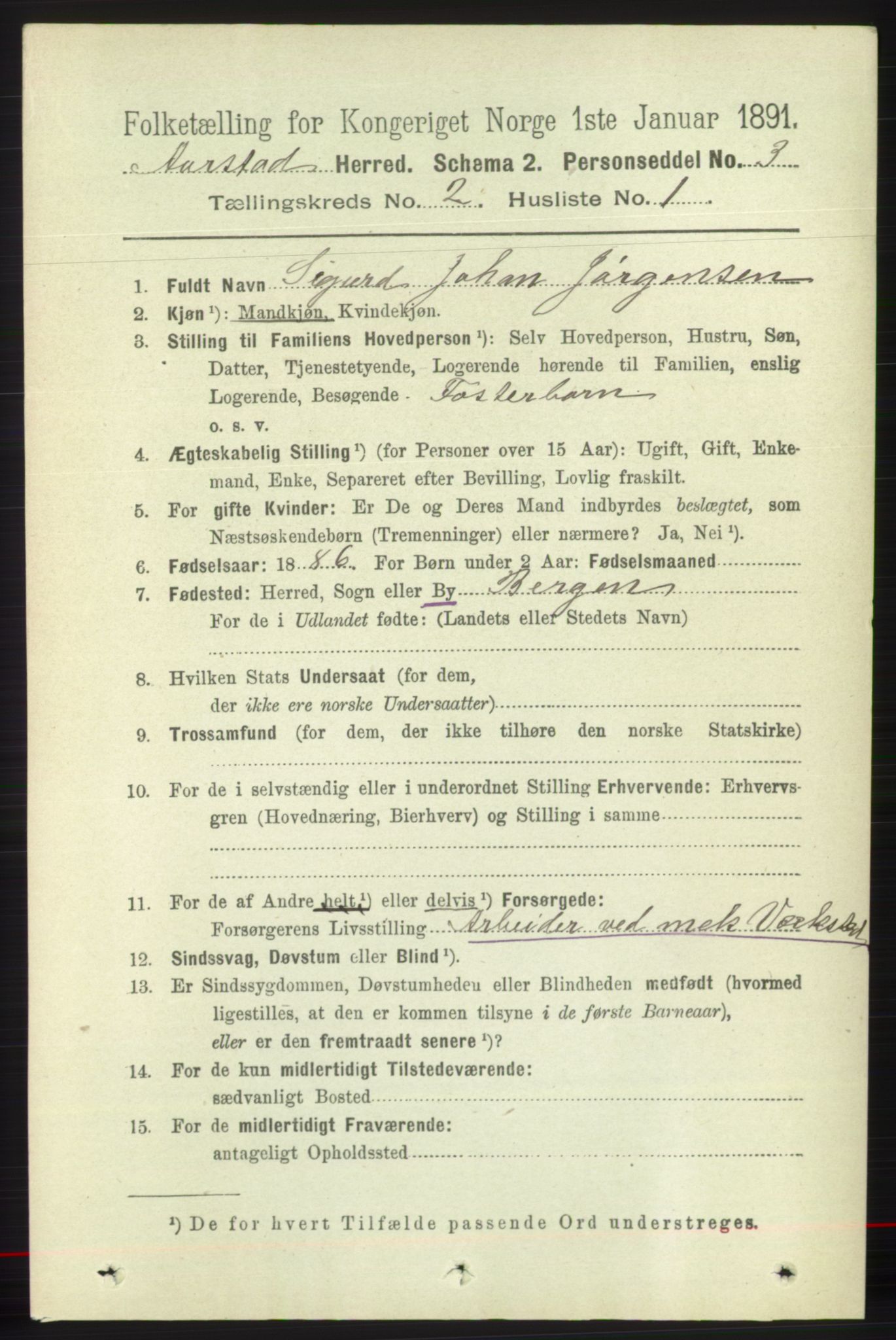 SAB, 1891 Census for 1280 Årstad, 1891, p. 1109