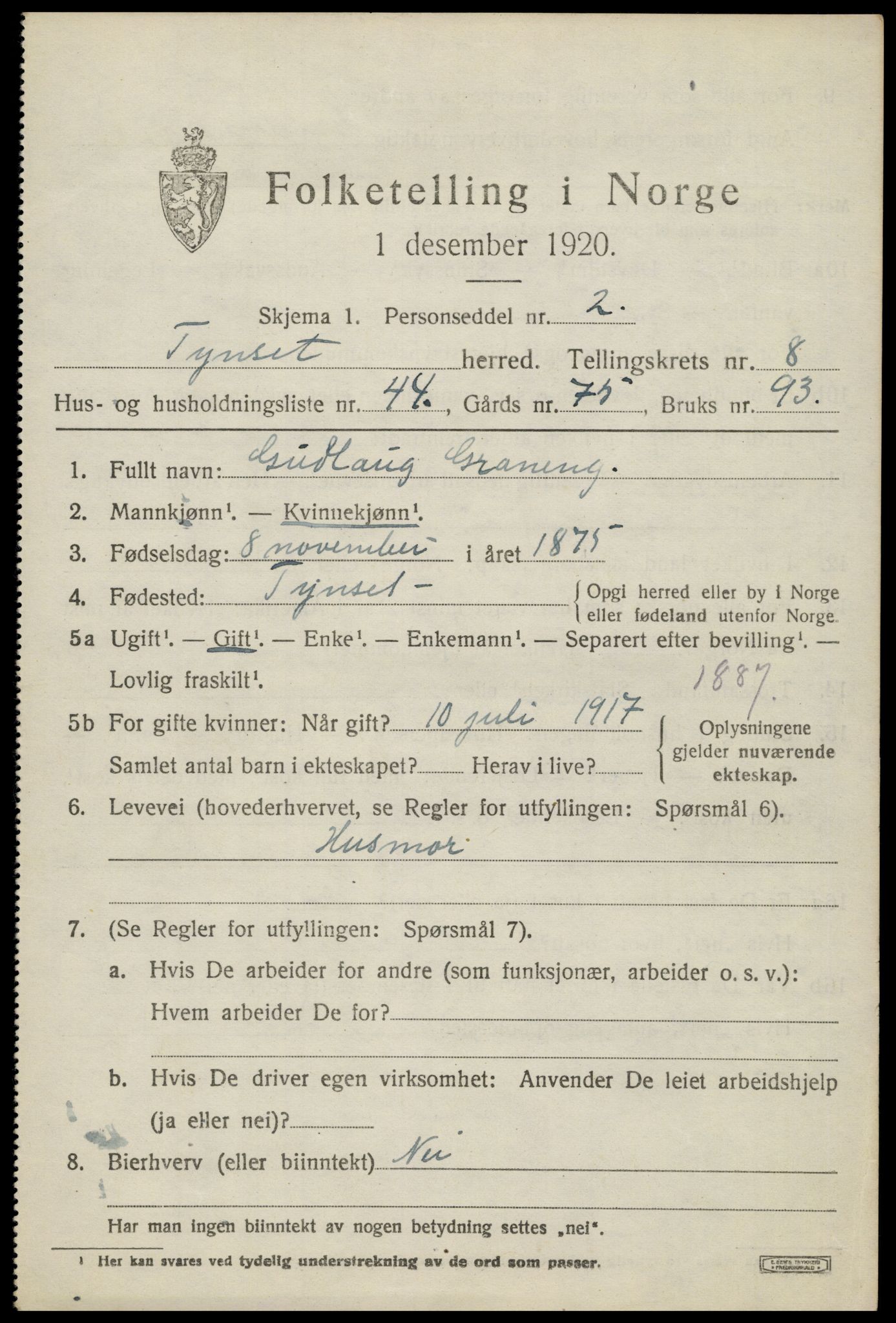 SAH, 1920 census for Tynset, 1920, p. 7138