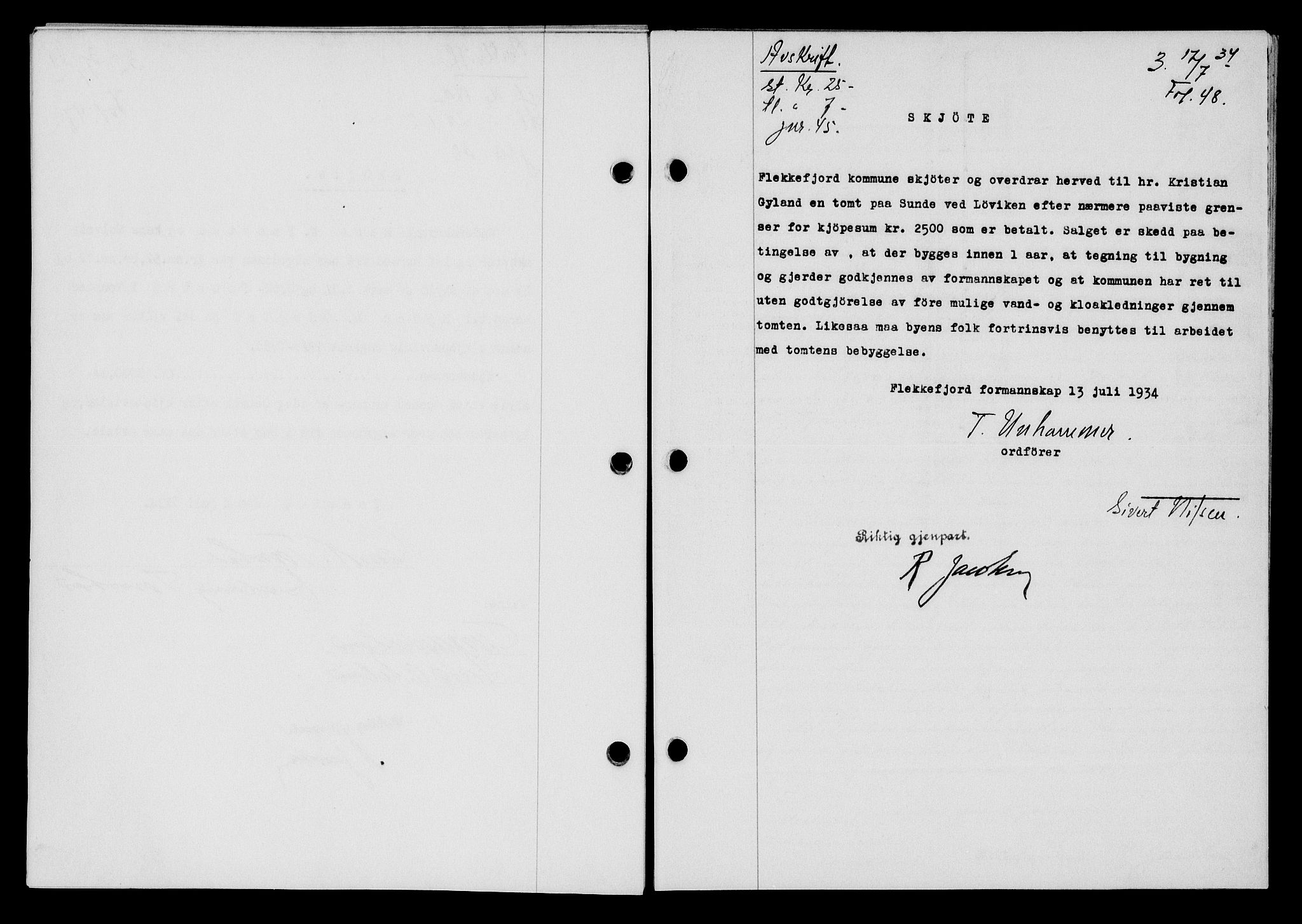 Flekkefjord sorenskriveri, SAK/1221-0001/G/Gb/Gba/L0051: Mortgage book no. 47, 1934-1935, Deed date: 17.07.1934