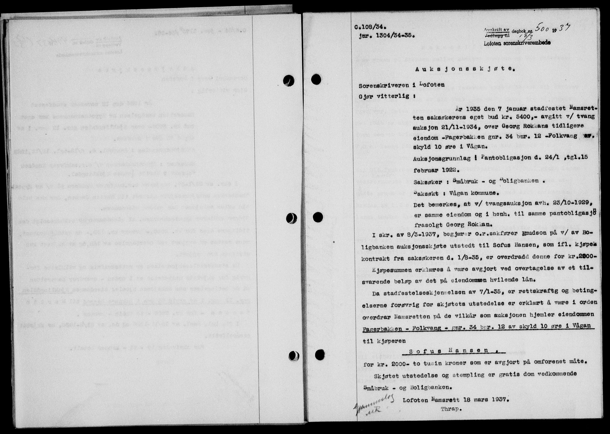 Lofoten sorenskriveri, SAT/A-0017/1/2/2C/L0002a: Mortgage book no. 2a, 1937-1937, Diary no: : 500/1937