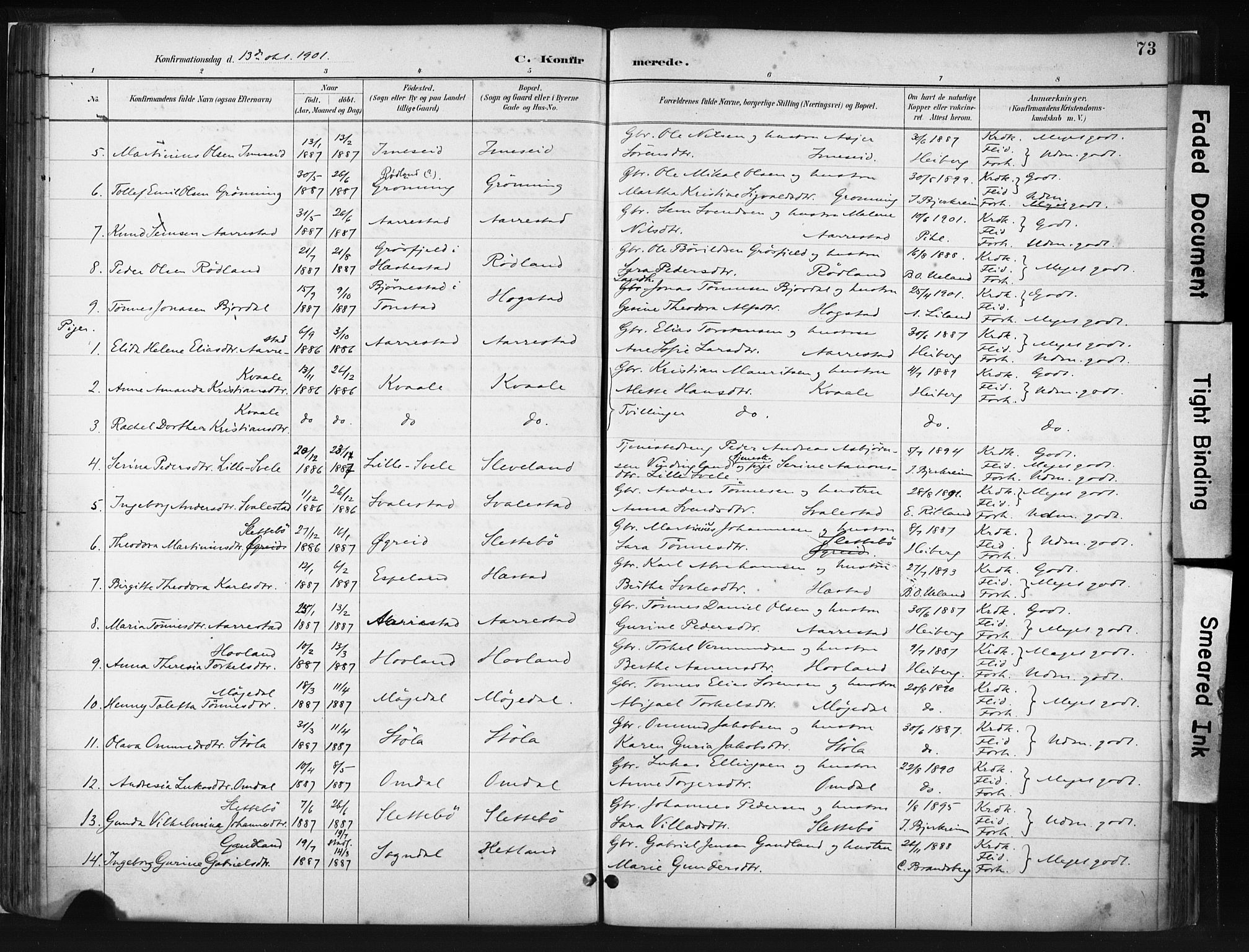 Helleland sokneprestkontor, SAST/A-101810: Parish register (official) no. A 8, 1887-1907, p. 73