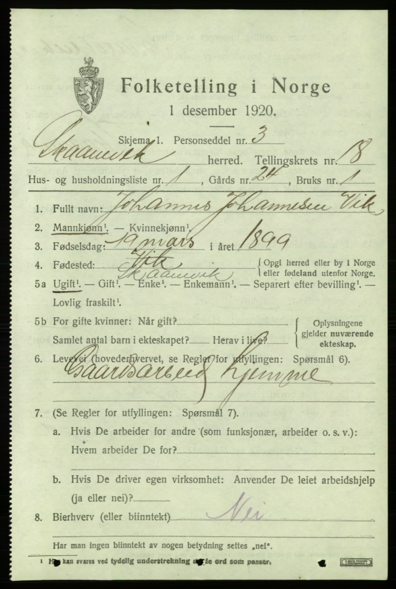 SAB, 1920 census for Skånevik, 1920, p. 6825