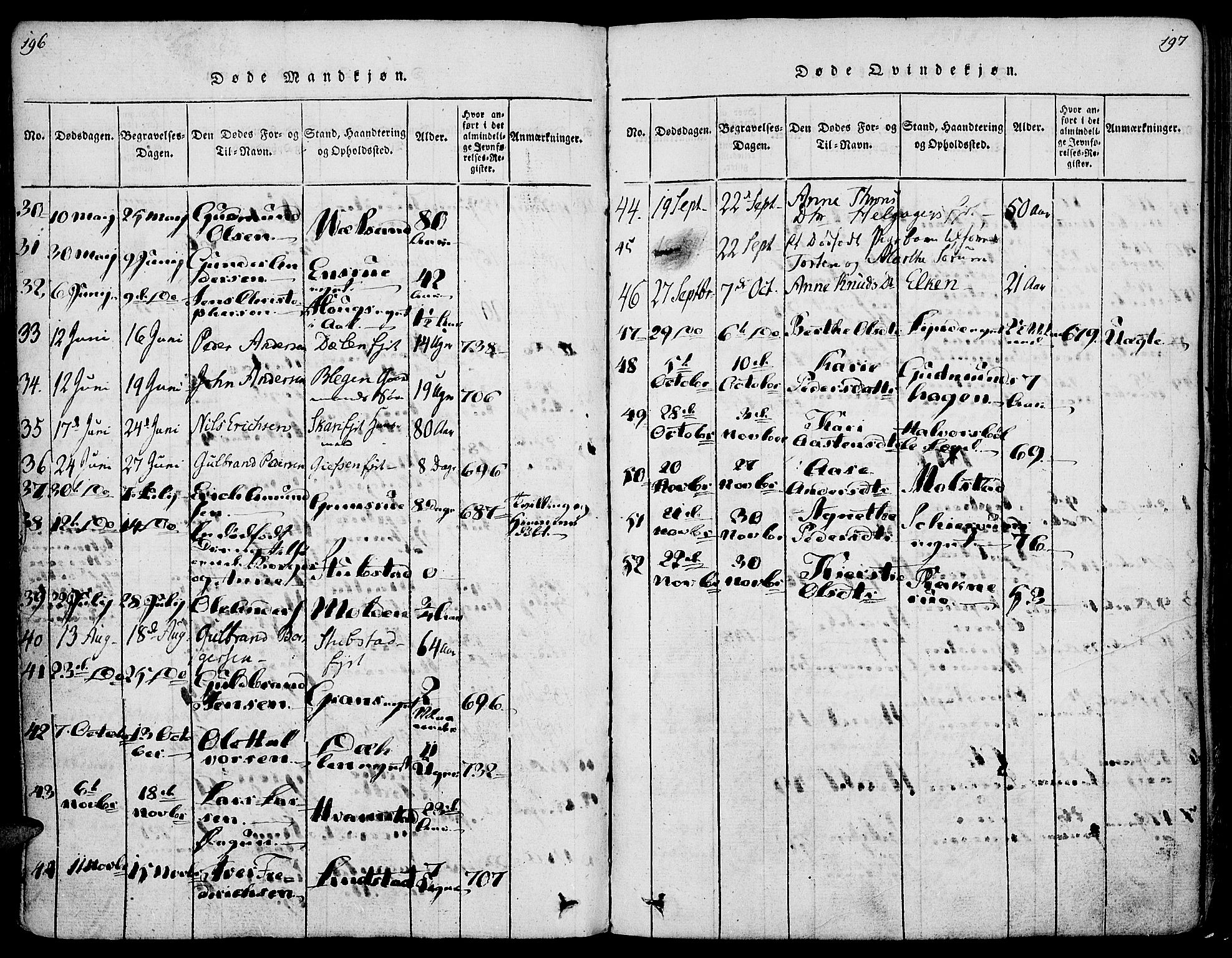 Gran prestekontor, SAH/PREST-112/H/Ha/Haa/L0009: Parish register (official) no. 9, 1815-1824, p. 196-197