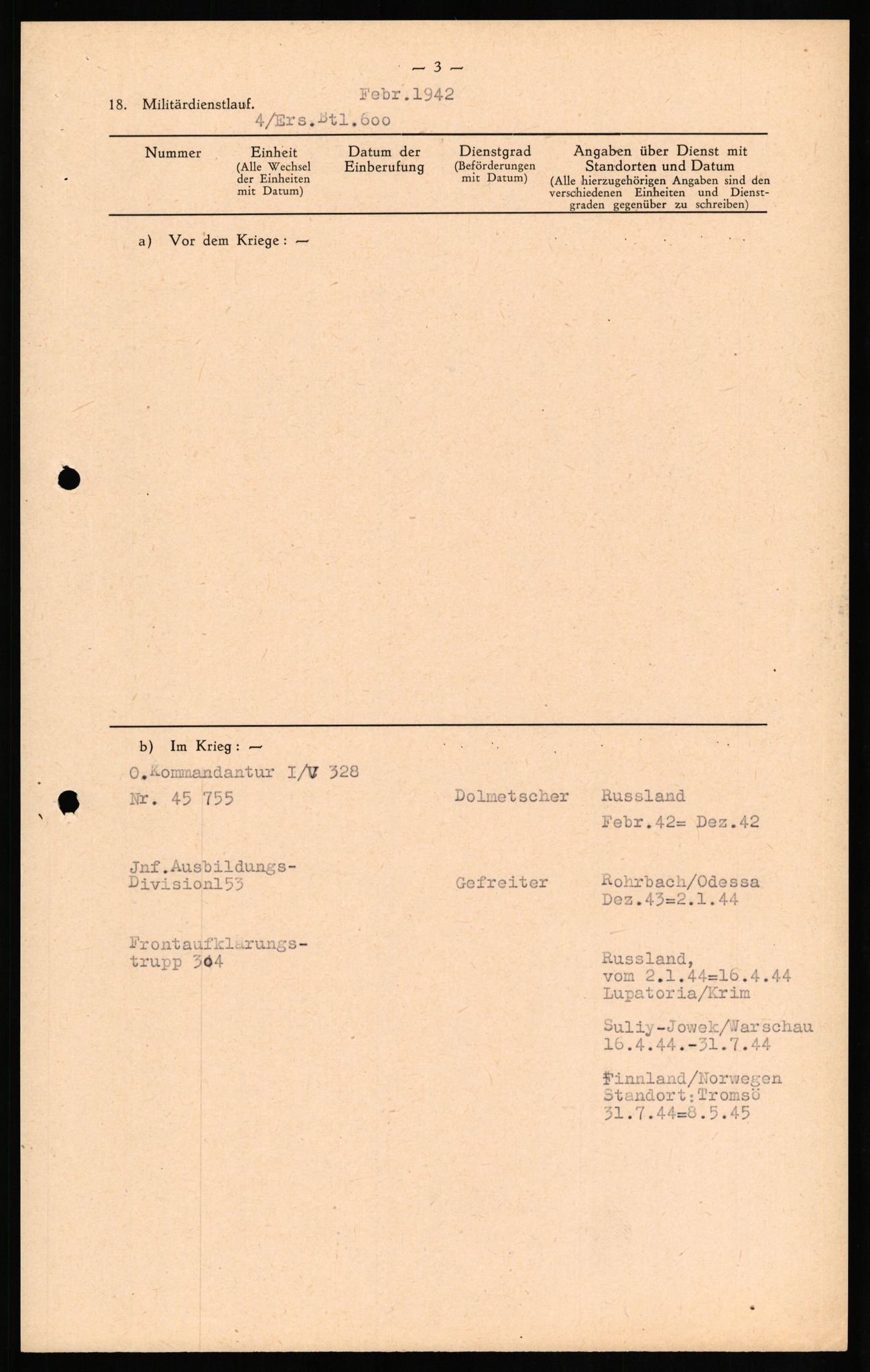 Forsvaret, Forsvarets overkommando II, AV/RA-RAFA-3915/D/Db/L0018: CI Questionaires. Tyske okkupasjonsstyrker i Norge. Tyskere., 1945-1946, p. 54