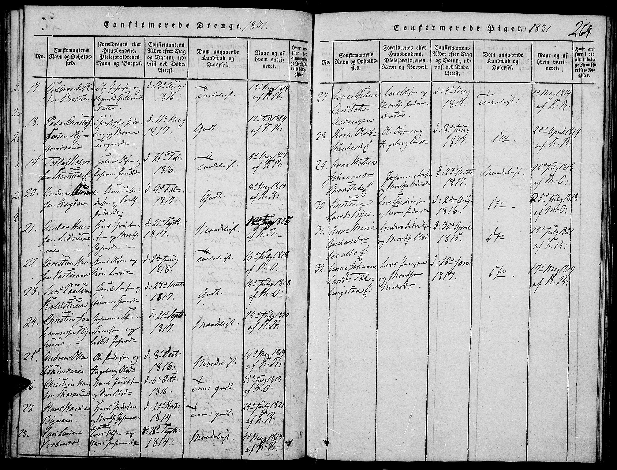 Vardal prestekontor, AV/SAH-PREST-100/H/Ha/Haa/L0004: Parish register (official) no. 4, 1814-1831, p. 264