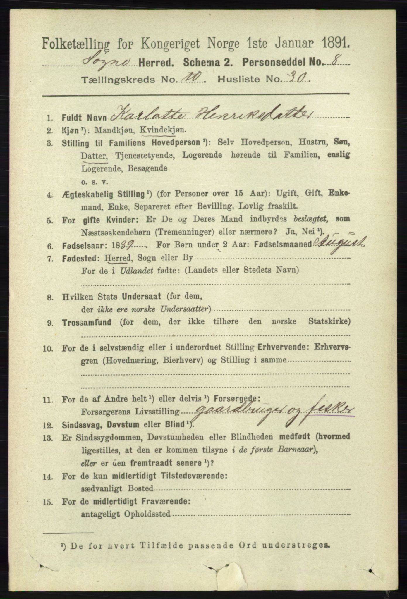 RA, 1891 census for 1018 Søgne, 1891, p. 2887