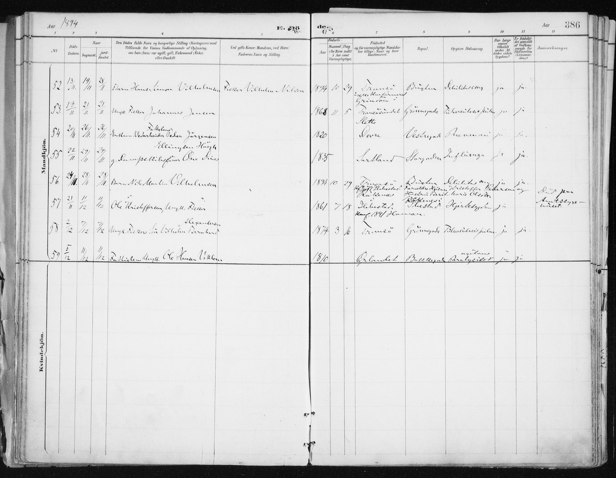 Tromsø sokneprestkontor/stiftsprosti/domprosti, AV/SATØ-S-1343/G/Ga/L0015kirke: Parish register (official) no. 15, 1889-1899, p. 386