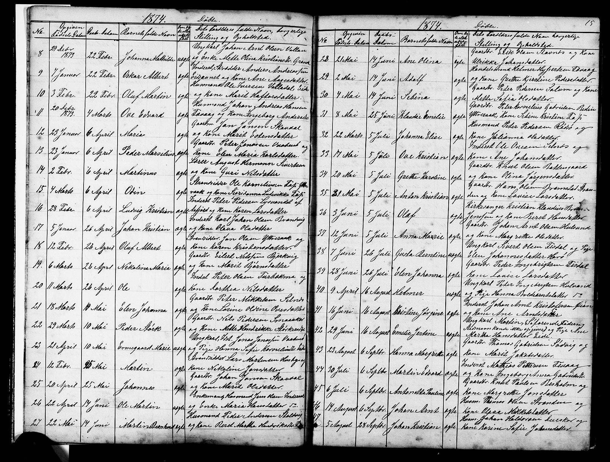 Ministerialprotokoller, klokkerbøker og fødselsregistre - Sør-Trøndelag, SAT/A-1456/653/L0657: Parish register (copy) no. 653C01, 1866-1893, p. 15