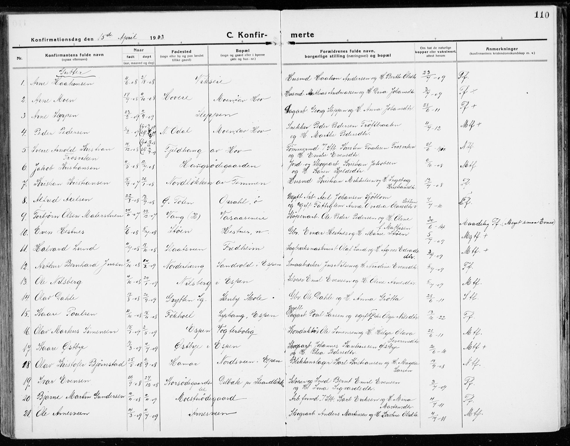 Stange prestekontor, SAH/PREST-002/K/L0025: Parish register (official) no. 25, 1921-1945, p. 110