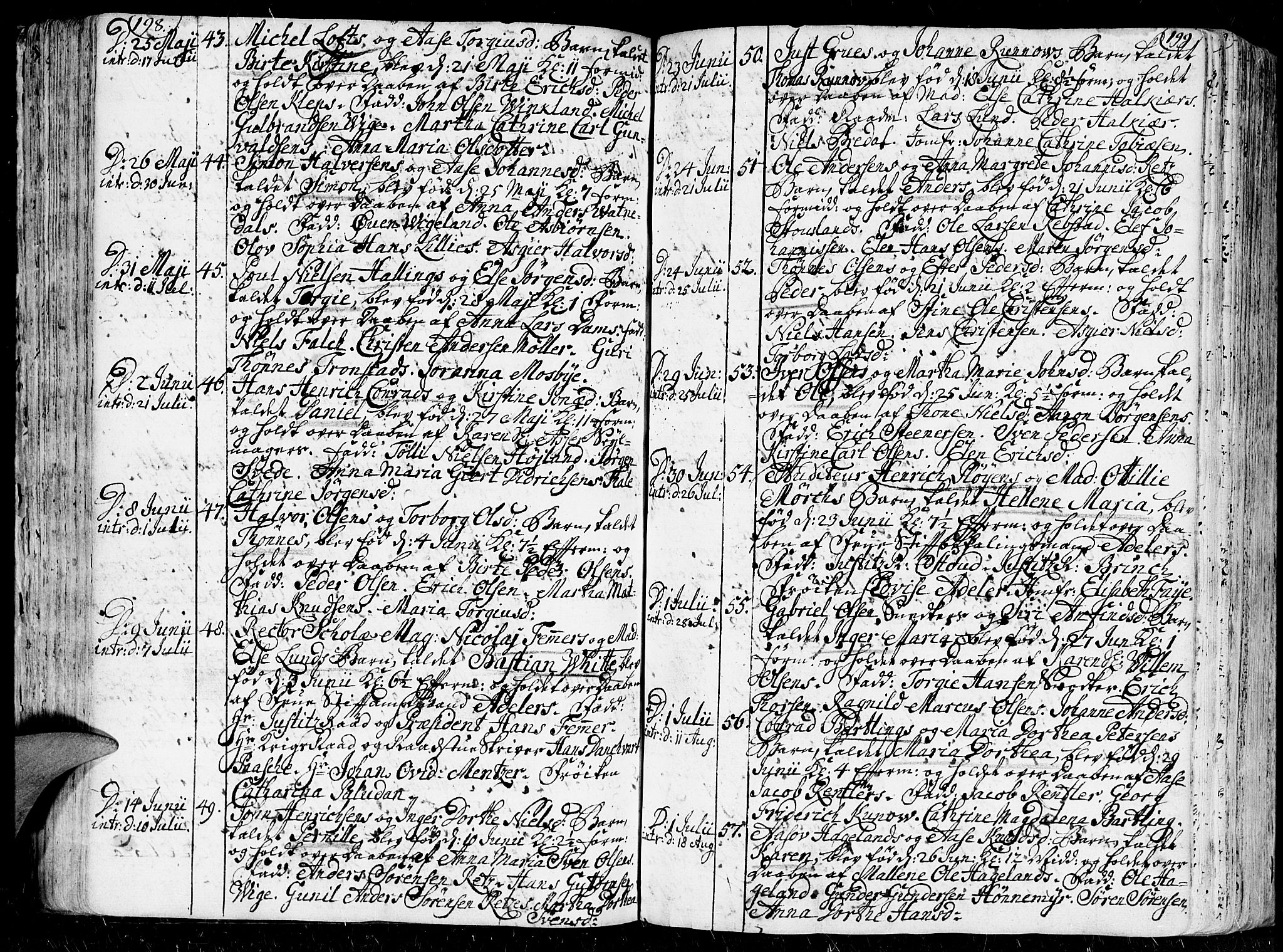 Kristiansand domprosti, SAK/1112-0006/F/Fa/L0001: Parish register (official) no. A 1, 1734-1793, p. 198-199