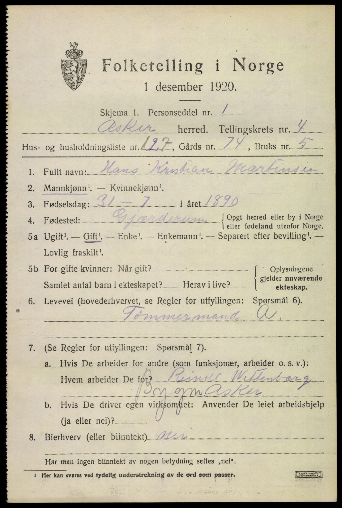 SAO, 1920 census for Asker, 1920, p. 11694