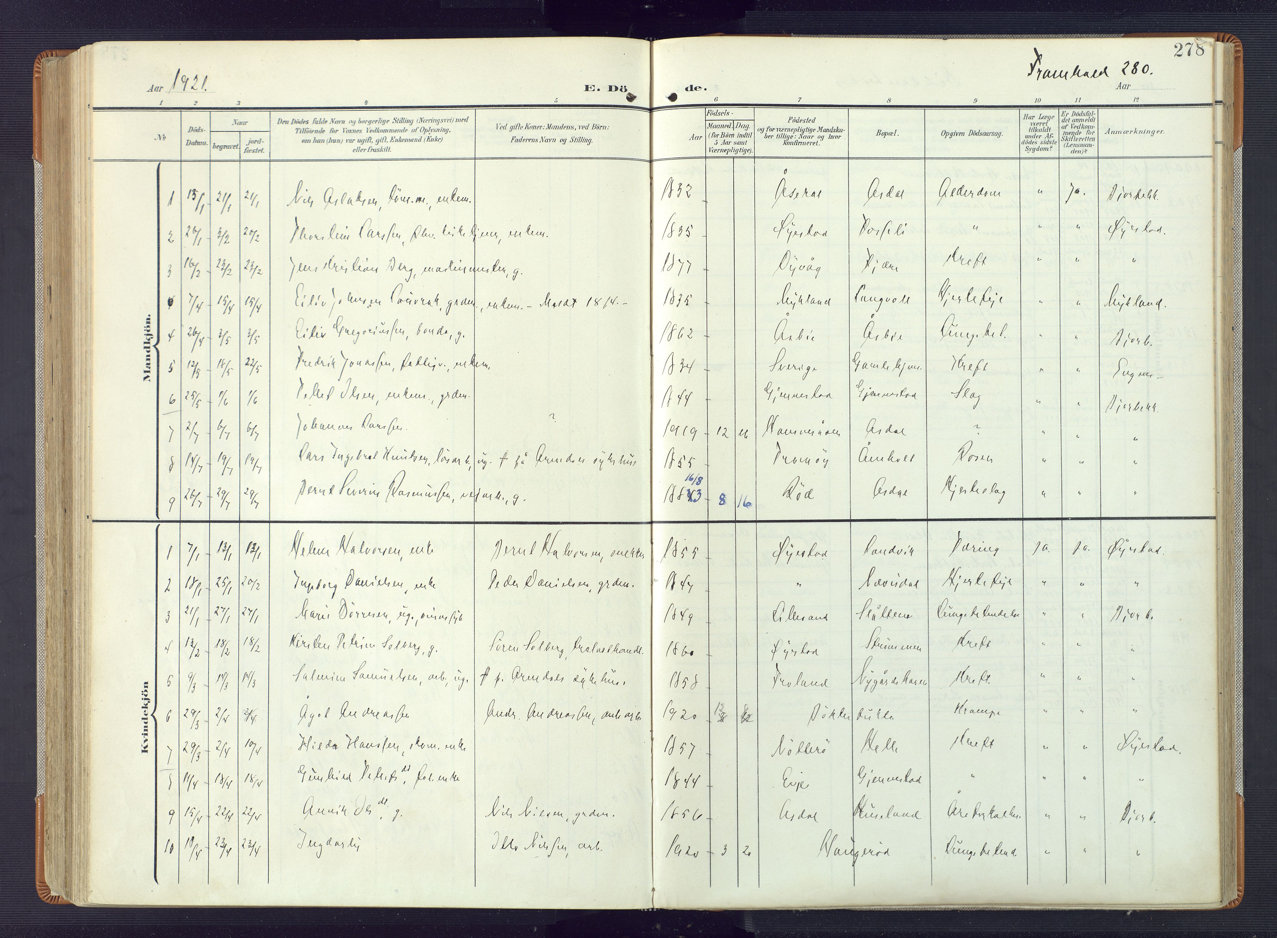 Øyestad sokneprestkontor, AV/SAK-1111-0049/F/Fa/L0019: Parish register (official) no. A 19, 1908-1922, p. 278