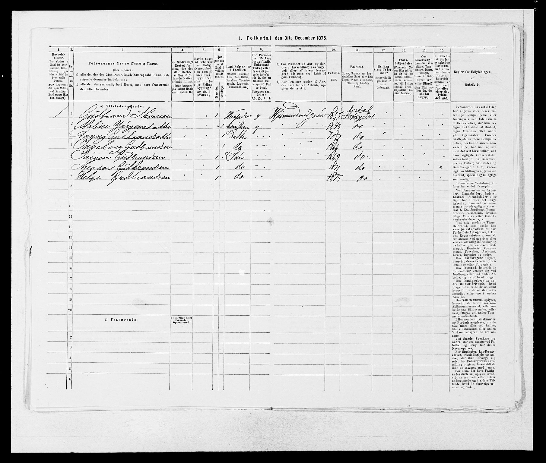 SAB, 1875 census for 1424P Årdal, 1875, p. 400