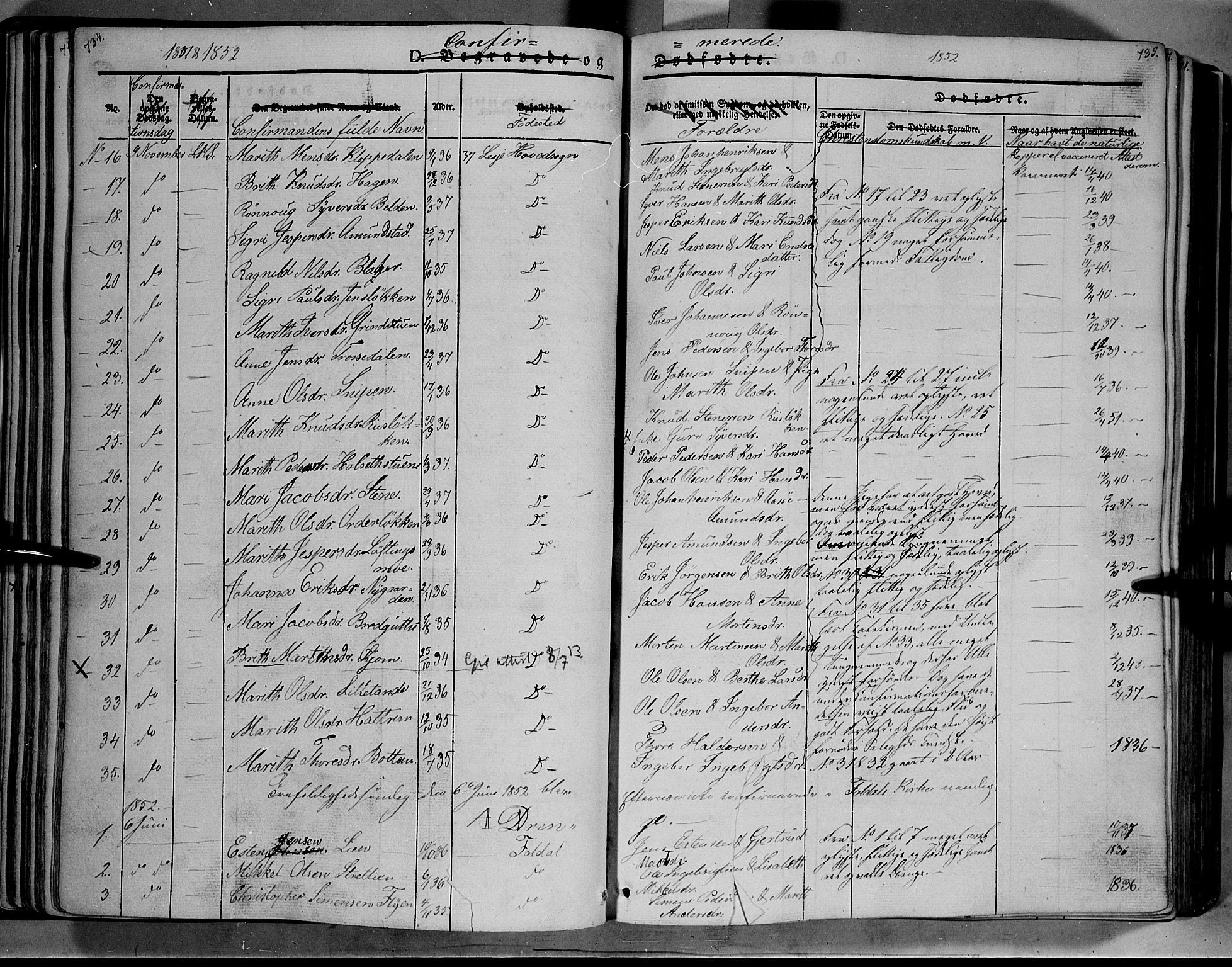 Lesja prestekontor, SAH/PREST-068/H/Ha/Haa/L0006: Parish register (official) no. 6B, 1843-1854, p. 734-735
