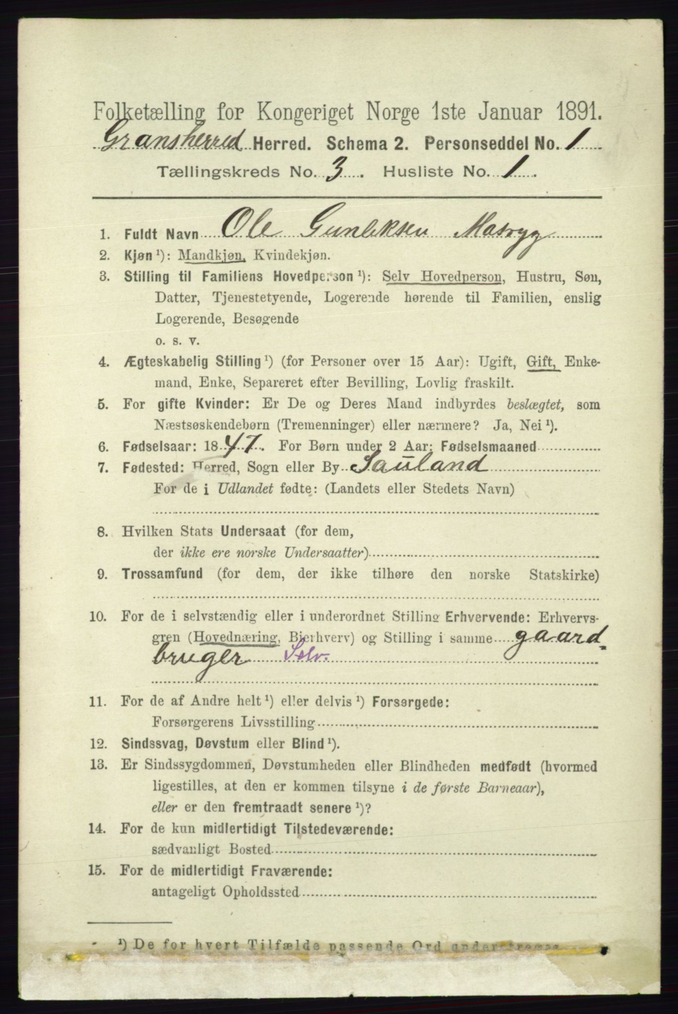 RA, 1891 census for 0824 Gransherad, 1891, p. 511