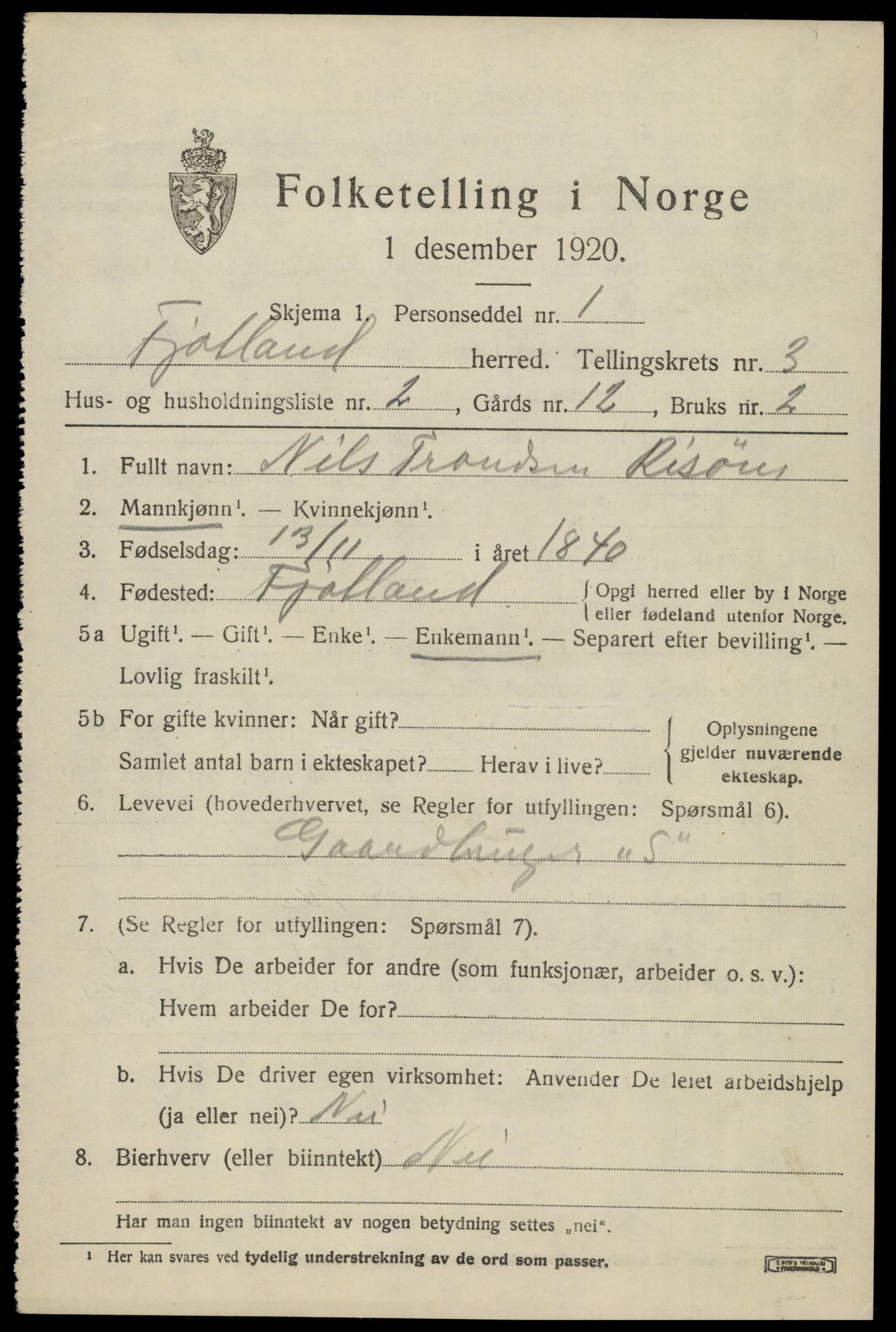SAK, 1920 census for Fjotland, 1920, p. 942