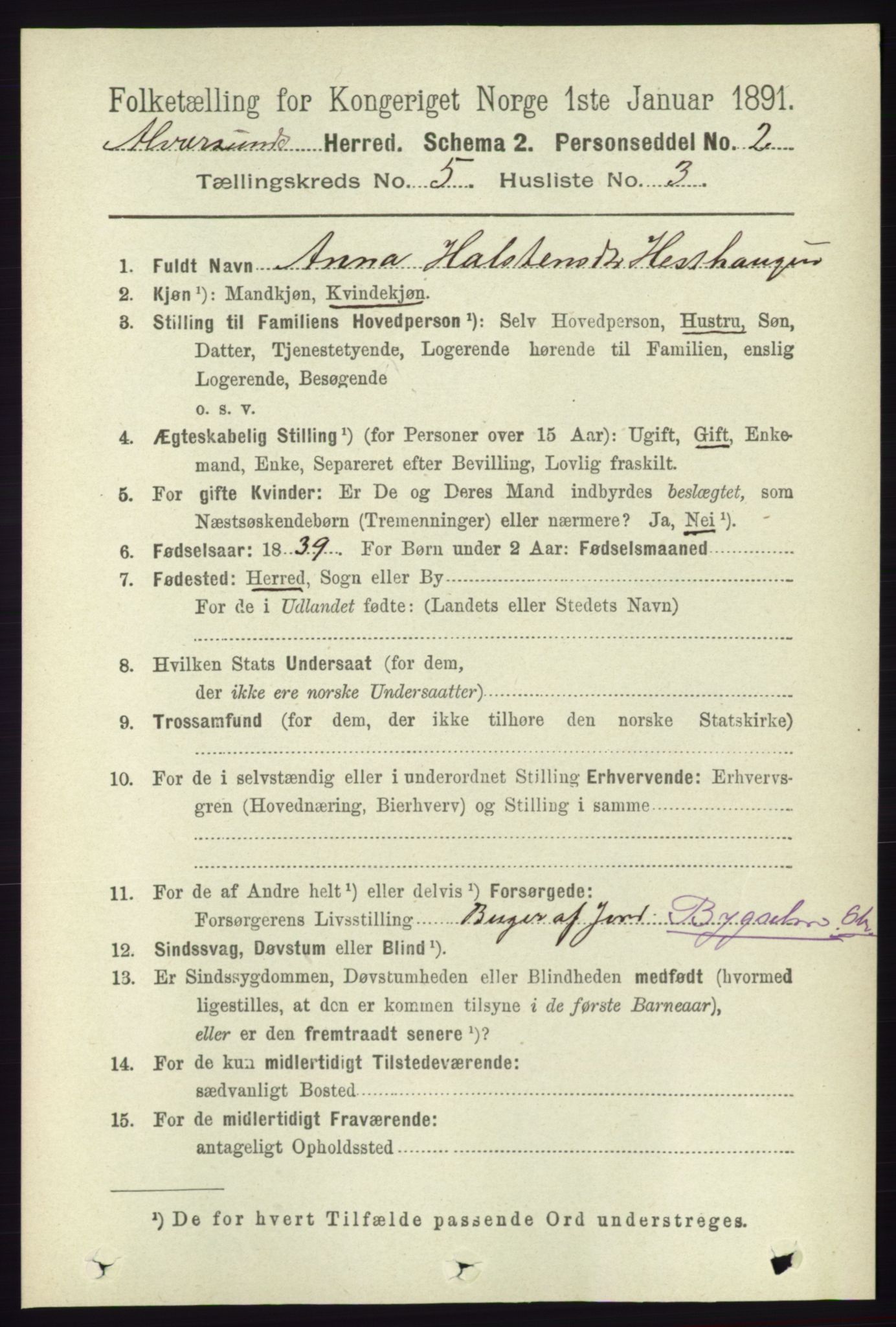 RA, 1891 census for 1257 Alversund, 1891, p. 1807