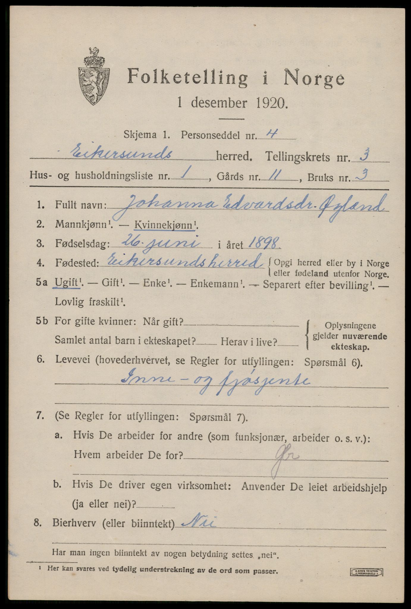 SAST, 1920 census for Eigersund, 1920, p. 2319