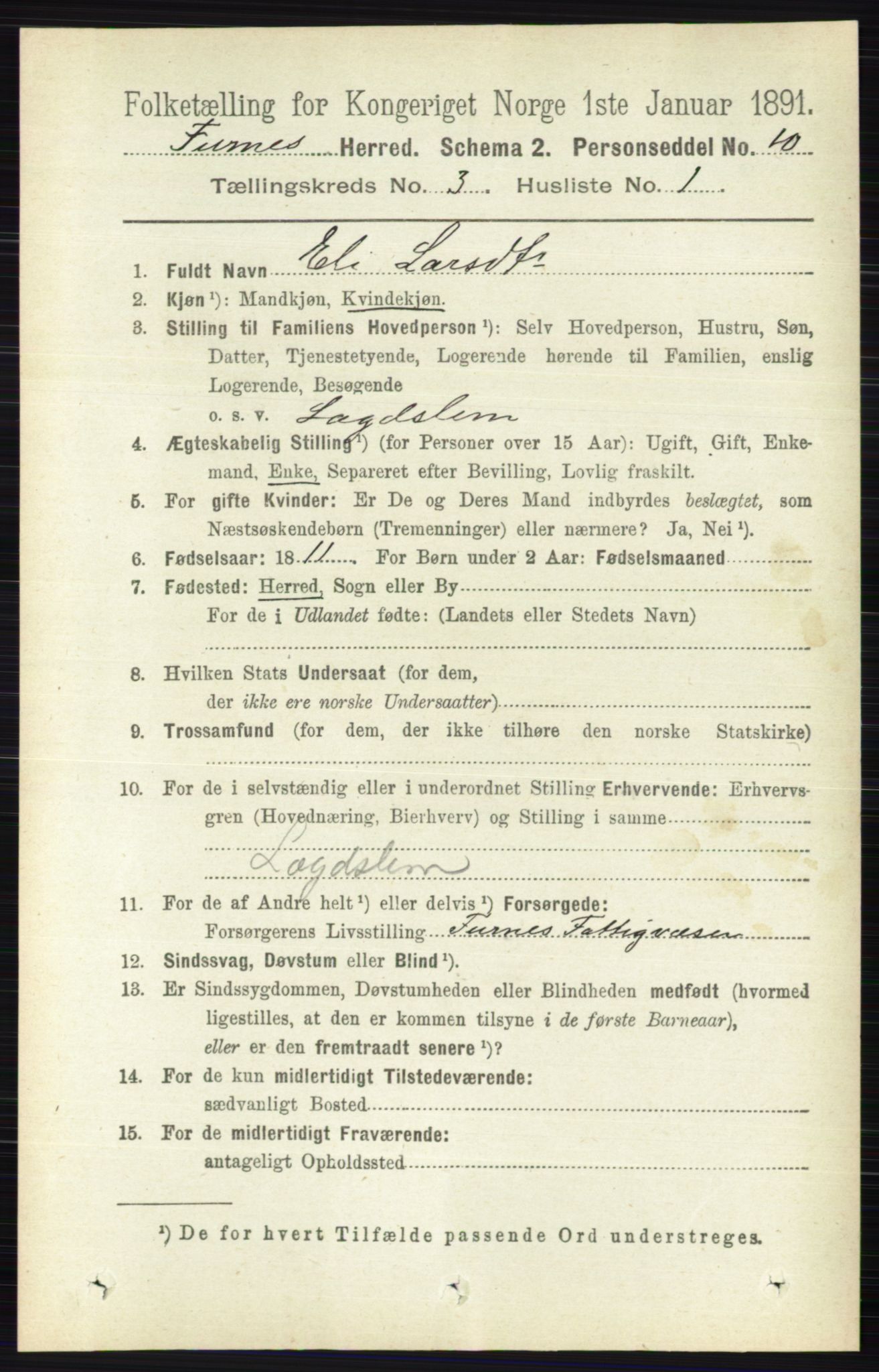 RA, Census 1891 for 0413 Furnes herred, 1891, p. 1641