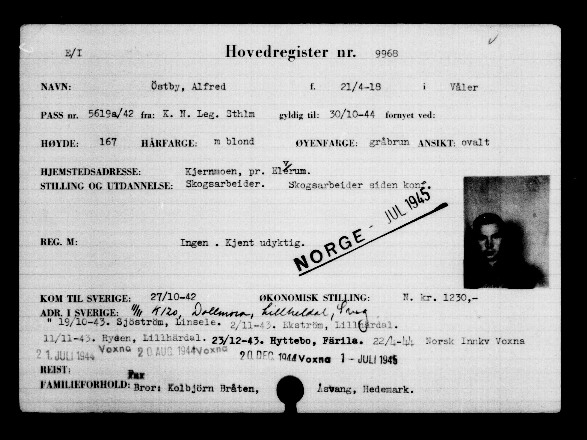 Utenriksstasjonene, Legasjonen i Stockholm, Flyktningkontoret, AV/RA-S-6753/V/Va/L0006: Kjesäterkartoteket, flyktninger med registreringsnr. 9400-12711, 1940-1945, p. 643