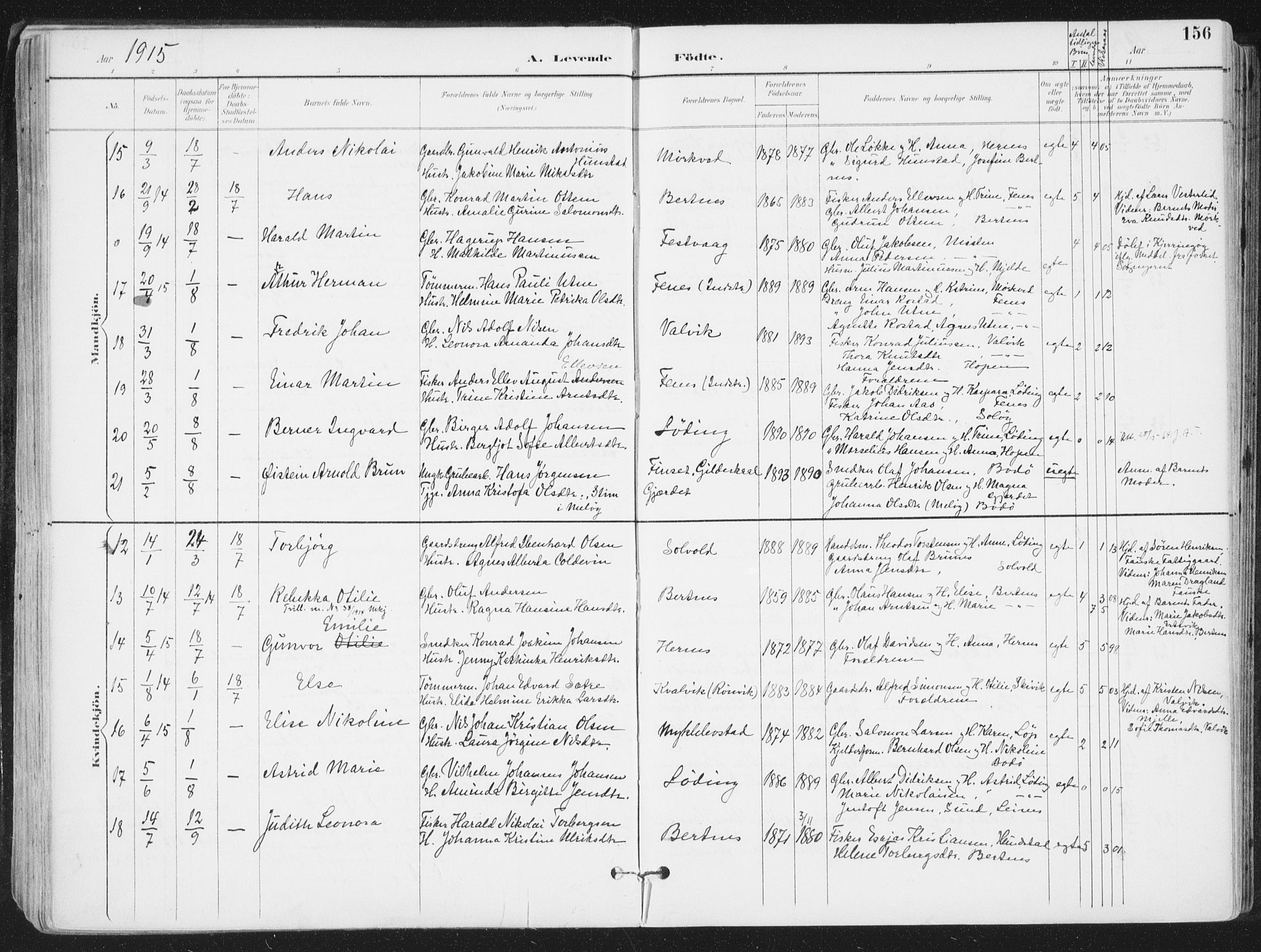 Ministerialprotokoller, klokkerbøker og fødselsregistre - Nordland, AV/SAT-A-1459/802/L0055: Parish register (official) no. 802A02, 1894-1915, p. 156