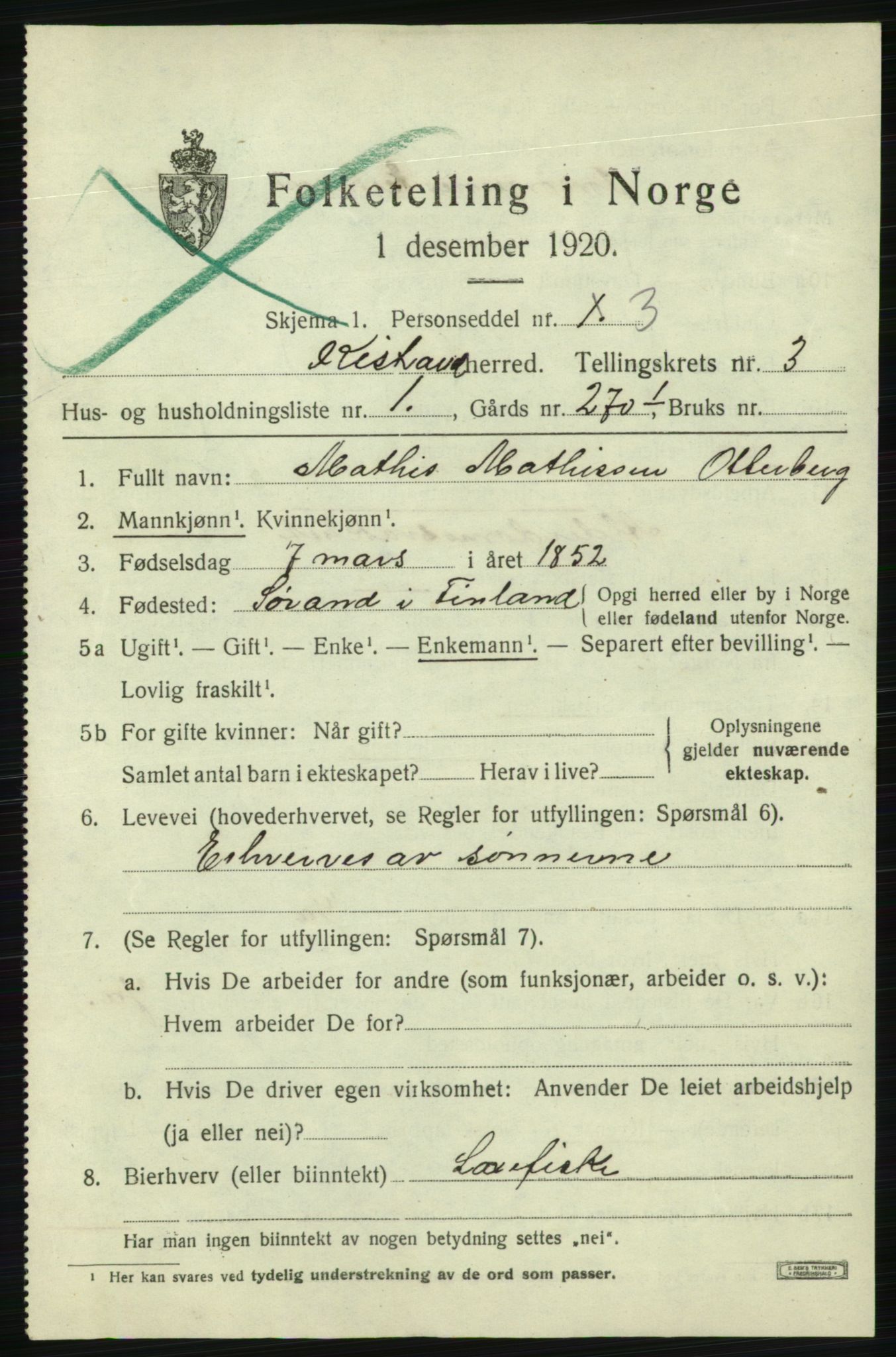 SATØ, 1920 census for Kistrand, 1920, p. 1852