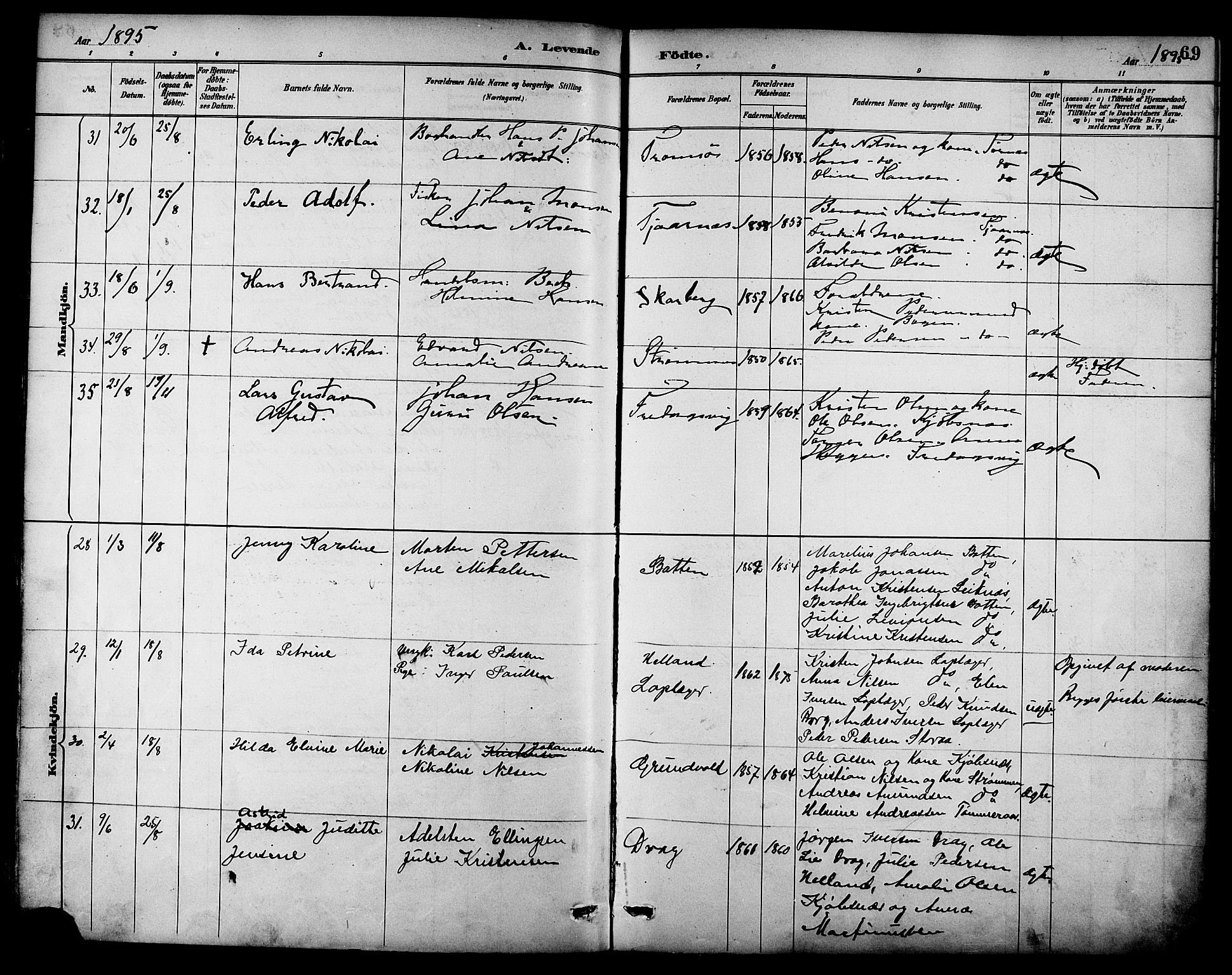 Ministerialprotokoller, klokkerbøker og fødselsregistre - Nordland, AV/SAT-A-1459/861/L0869: Parish register (official) no. 861A04, 1889-1903, p. 69