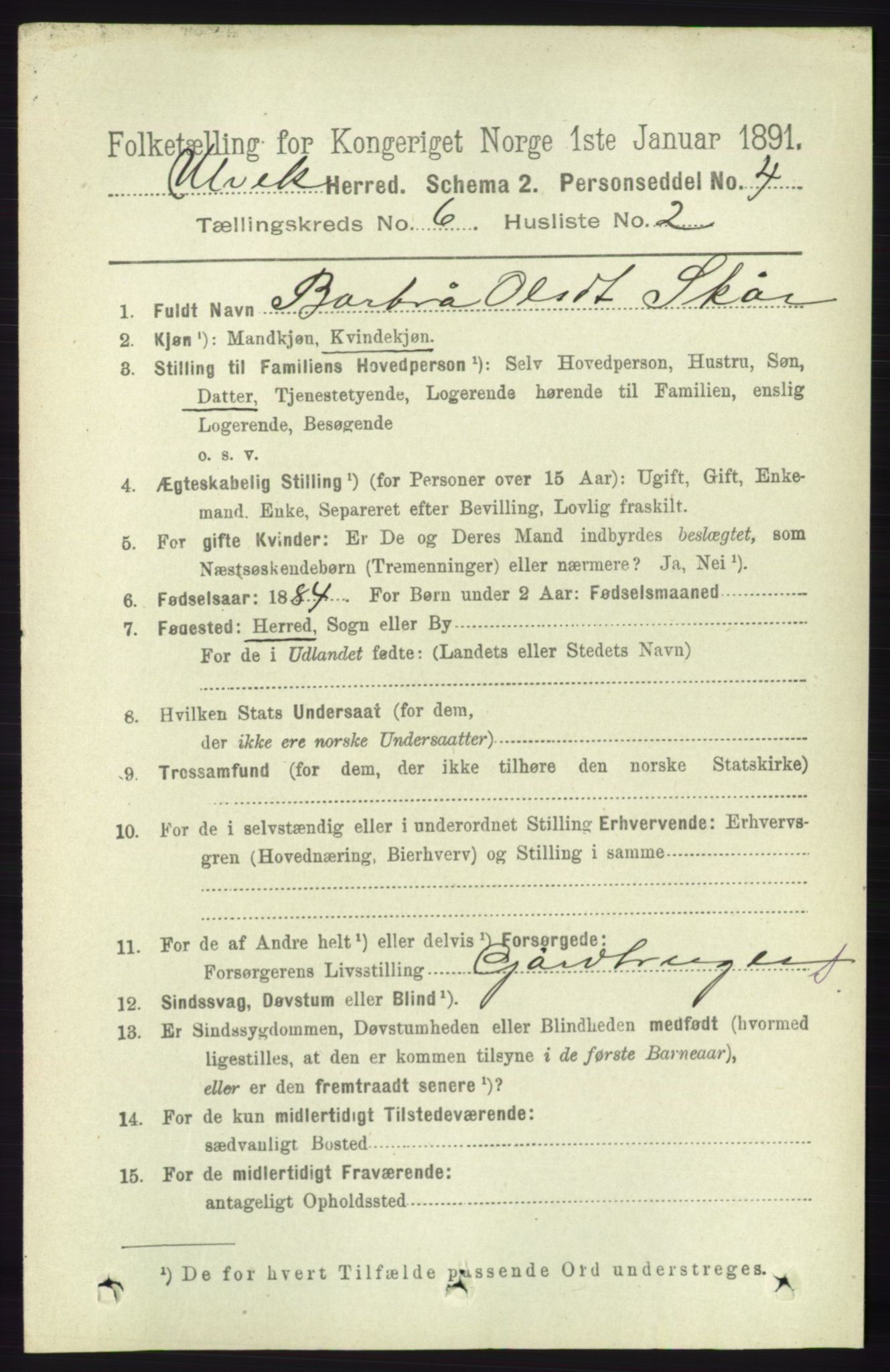 RA, 1891 census for 1233 Ulvik, 1891, p. 1870