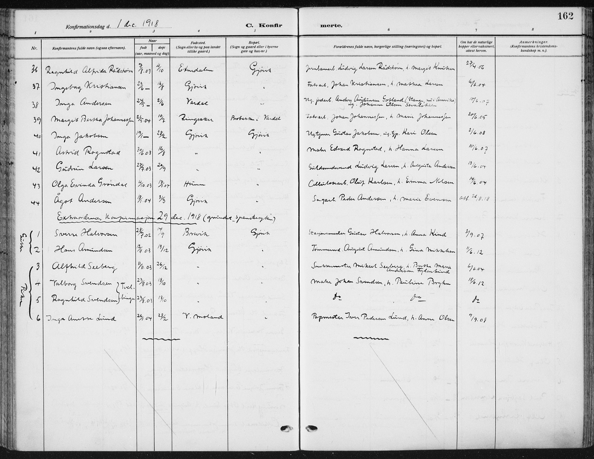 Vardal prestekontor, AV/SAH-PREST-100/H/Ha/Haa/L0014: Parish register (official) no. 14, 1912-1922, p. 162