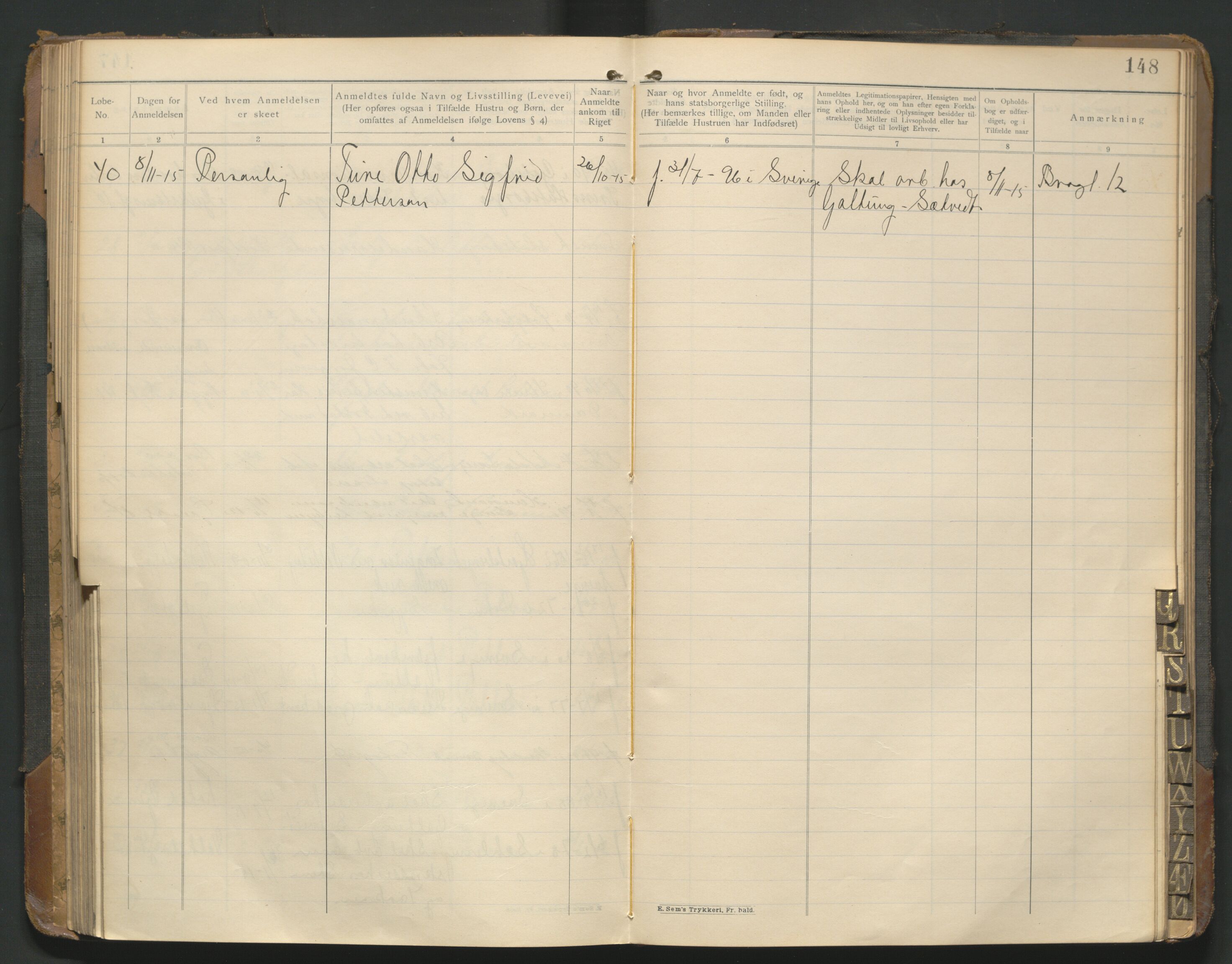 Fredrikstad politikammer, AV/SAO-A-10055/H/Hb/Hba/L0001: Protokoll over fremmede statsborgere, 1901-1916, p. 147b-148a