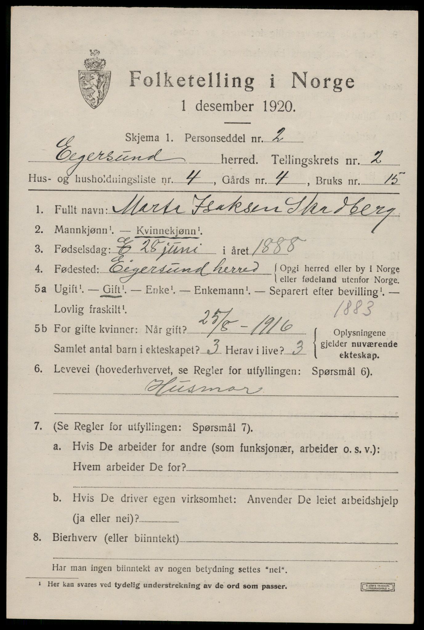 SAST, 1920 census for Eigersund, 1920, p. 1645